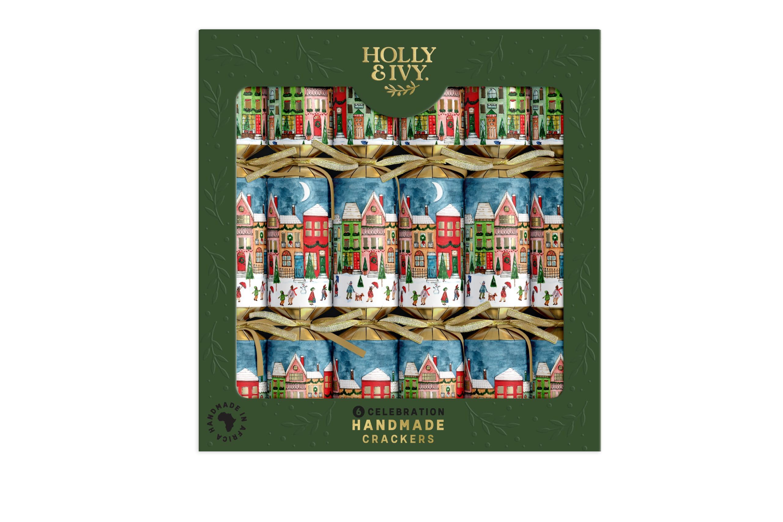 Holly and Ivy Celebration Christmas Crackers – Village Scene Design – 12 Inch Handmade Crackers with Hats Jokes and Gifts – Pack of 6
