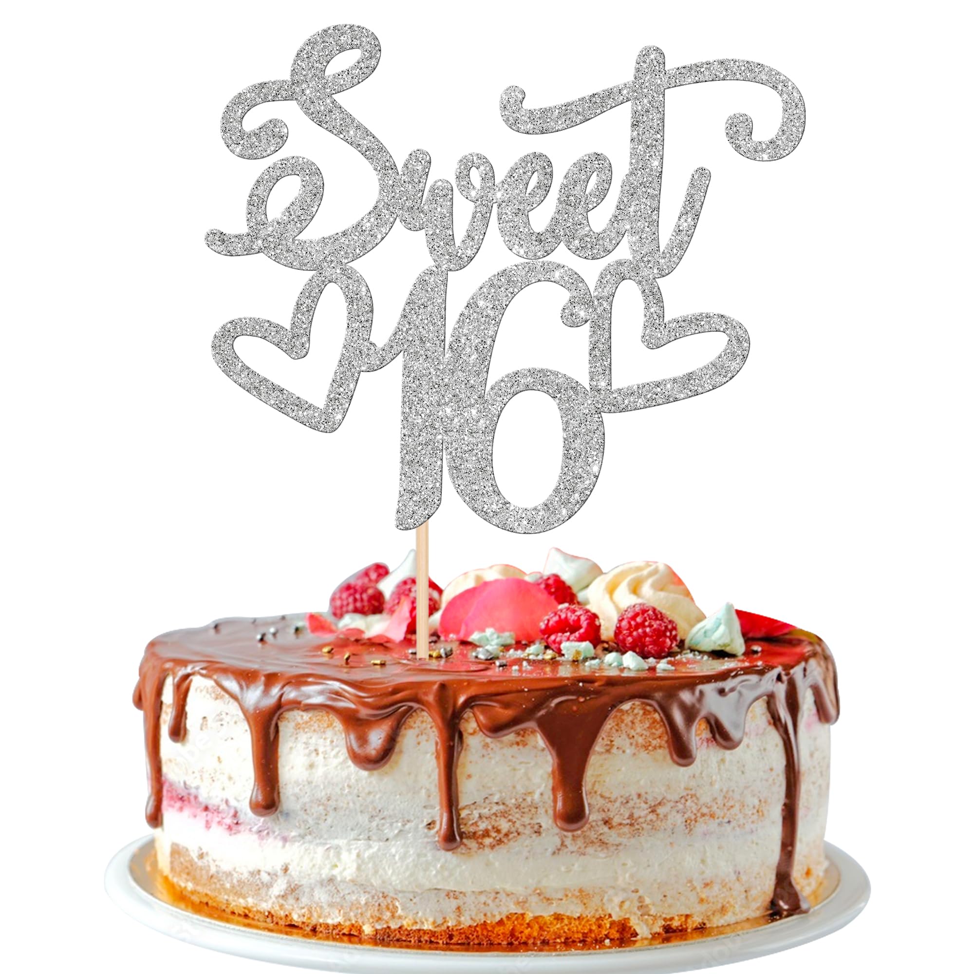 1 PCS Sweet 16 Cake Topper Glitter Heart 16th Birthday Cake Pick Hello 16 Cheers to 16 Years Old Birthday Cake Decorations for Happy 16th Birthday Anniversary Theme Party Supplies Silver