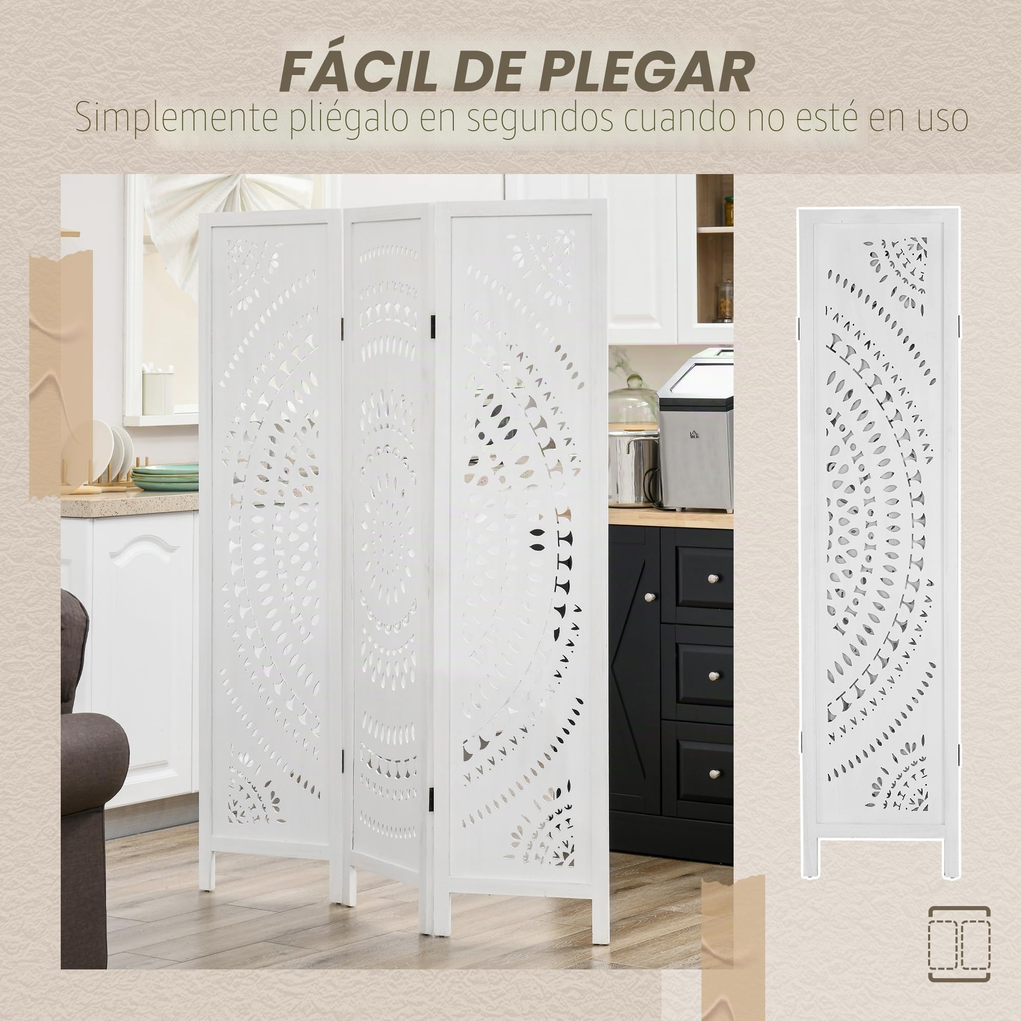 HOMCOM Biombo Plegable de 3 Paneles de Madera, 120x170 cm, Blanco | Biombo Separador de Ambientes, Patrones Tallados Elegantes, Decoración para Dormitorio, Salón