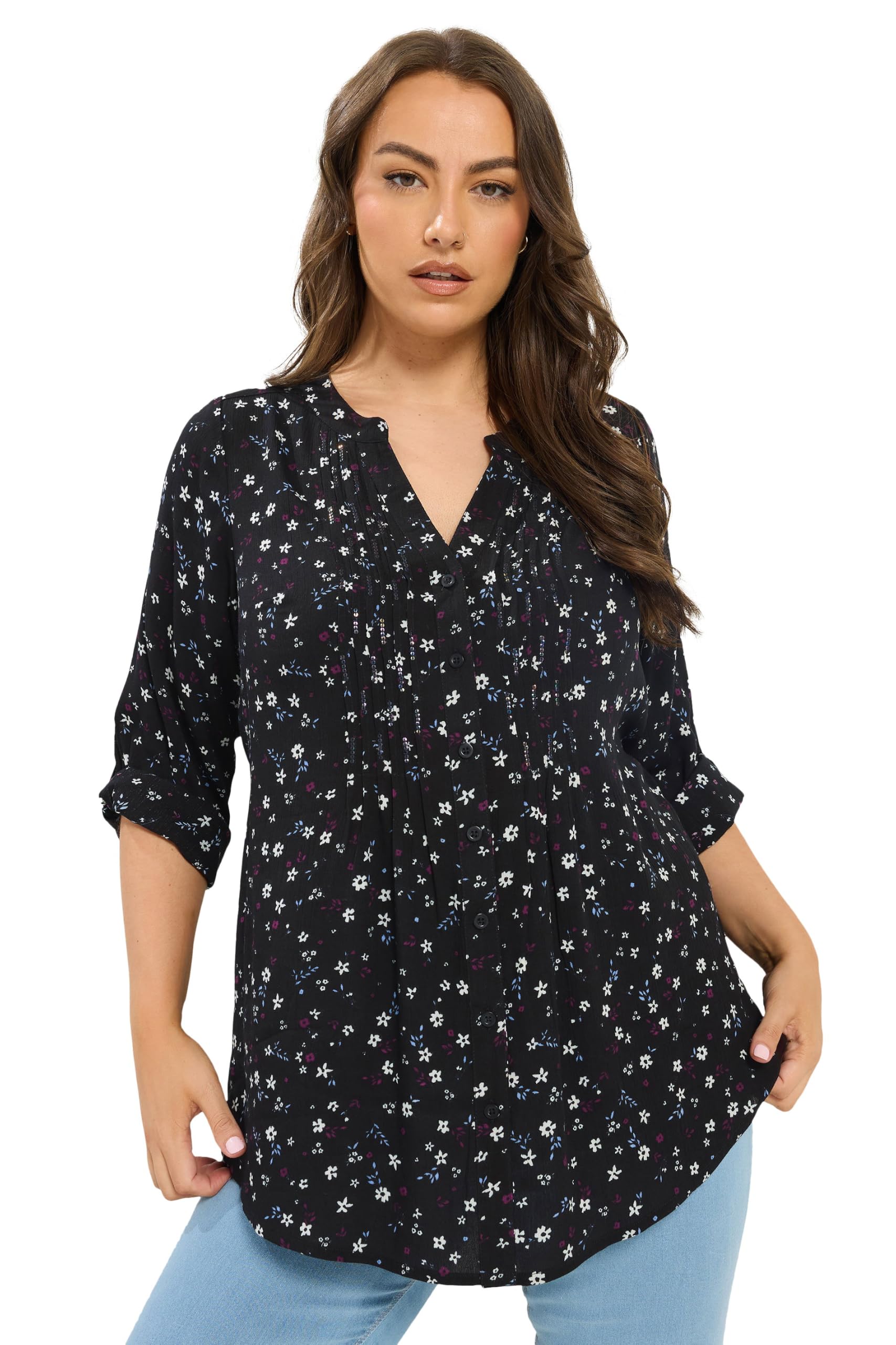 Yours Women's Black Floral Pintuck Top In | Size: 18