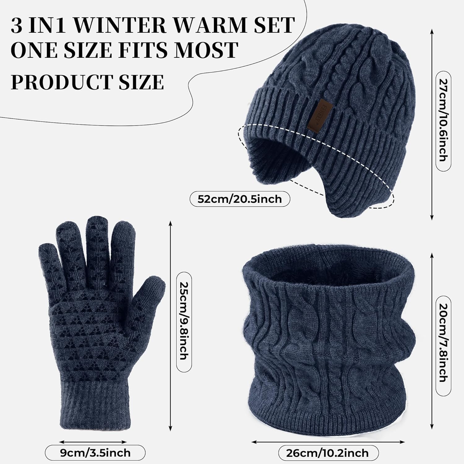 Men Winter Beanie Hat Touchscreen Gloves Neck Warmer 3 in 1 Set with Fleece Lined - Image 2