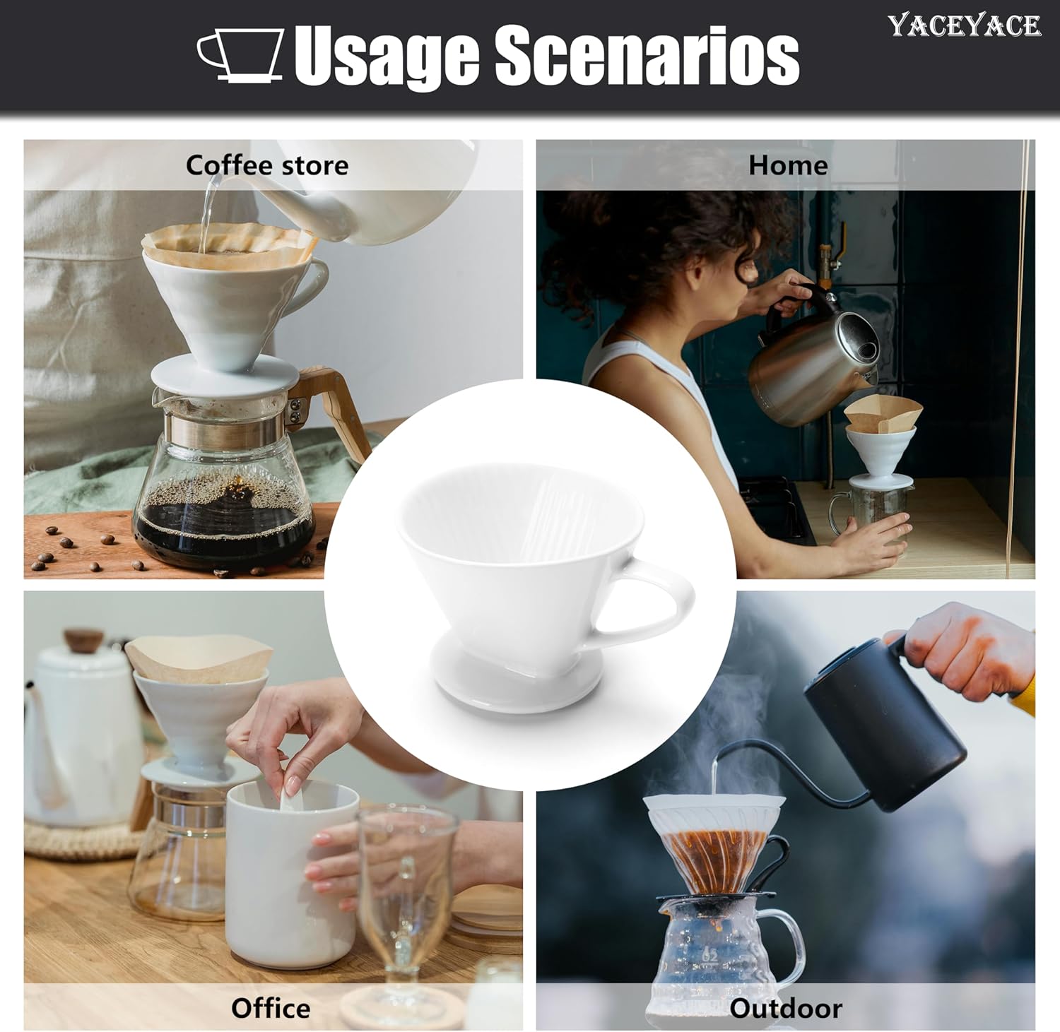 Pour Over Coffee Maker, Single White Ceramic Coffee Dripper with 3 Holes, Large Coffee Pour Over for Shop, Office, Home