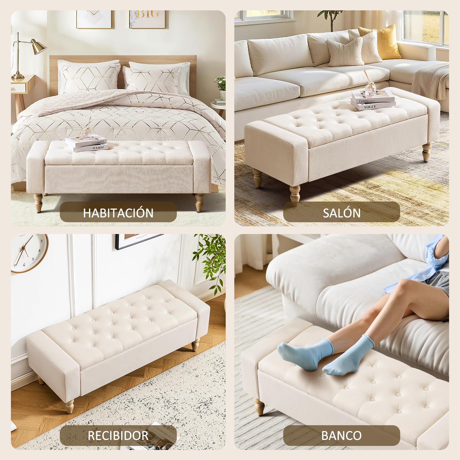 Hellove Banco de Almacenaje con Patas de Madera, 120x45x43 cm, Puff Tapizado con Botones en Tela de Lino, Sin Brazos, Banc Coffre para Salón, Dormitorio o Pie de Cama, Pasillo, de Carga 150 KG Beige