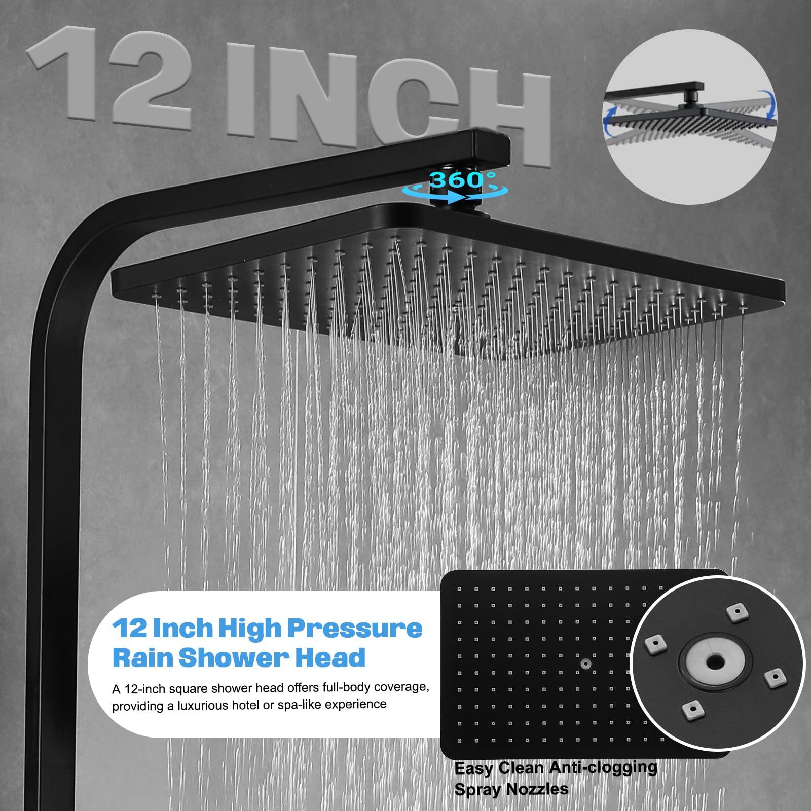 Columna de Ducha Termostática, Columna Ducha Negra con Grifo y Pantalla LED, Duchas de Baño Columna Bañera Altura Ajustable, Set Ducha 4 Modos Alcachofa de Ducha, Chorro, Grifo, Ducha Lluvia 30 x 20cm