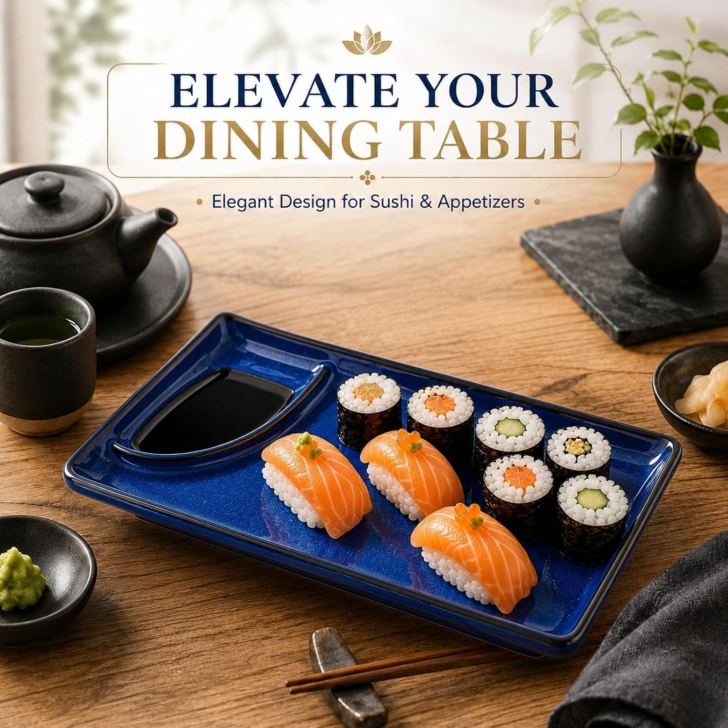 Ceramic Sushi Plate, Japanese Rectangular Dish with Sauce Well