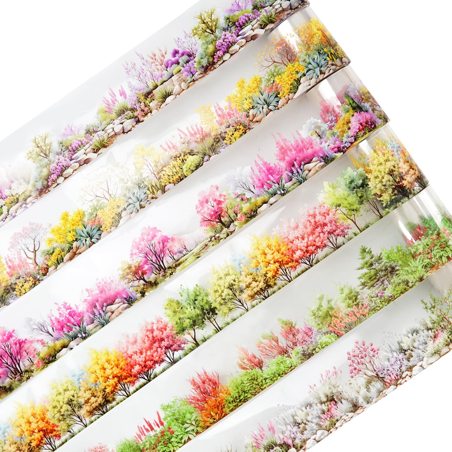 MiyouLuna 6 Rolls Transparent Floral and Botanical PET Tape Set, Landscape Stickers for Journaling, Scrapbooking, and DIY Crafts, with Decorative Clip