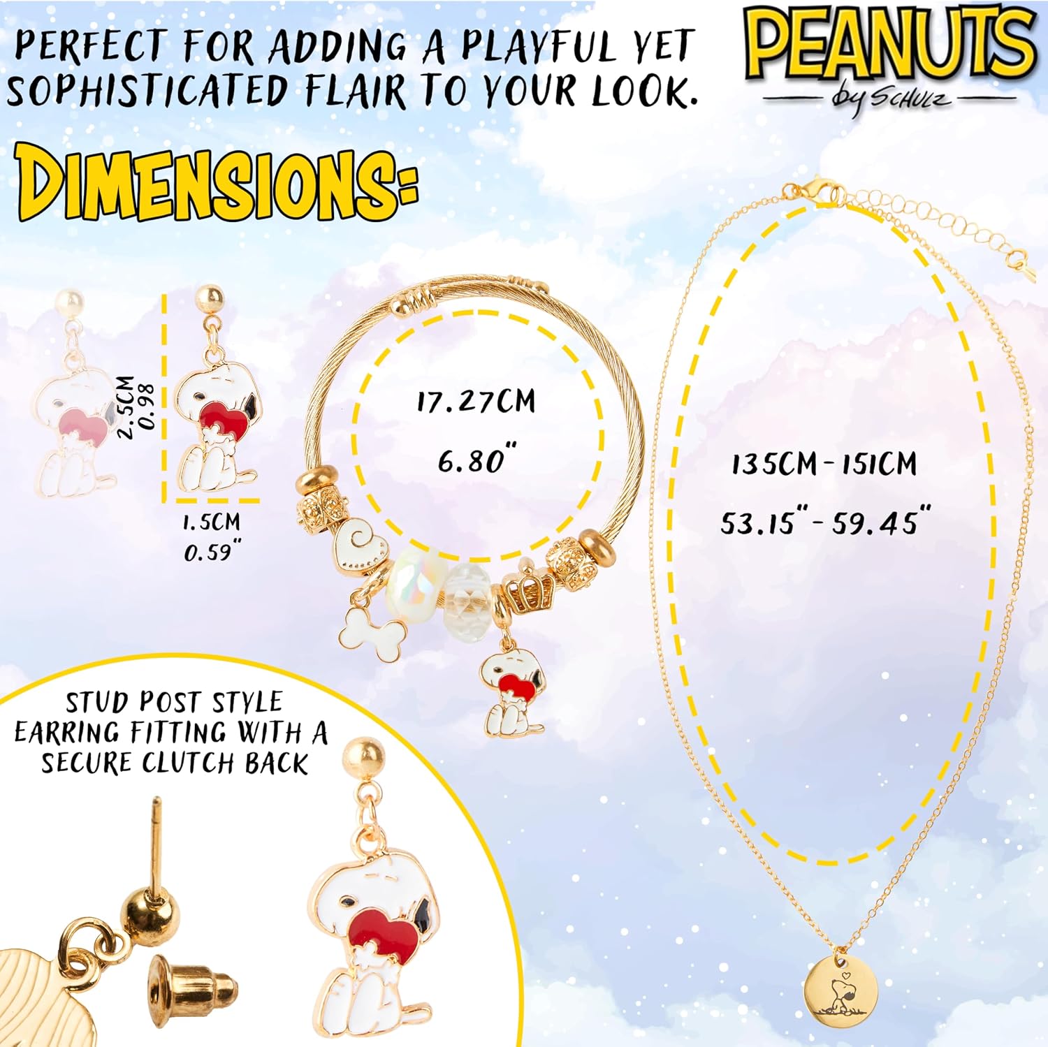 Peanuts Snoopy Jewelry Sets for Teens Women 3 Pcs Set Gold Necklace Earrings Bracelets for Women Snoopy Gifts for Her