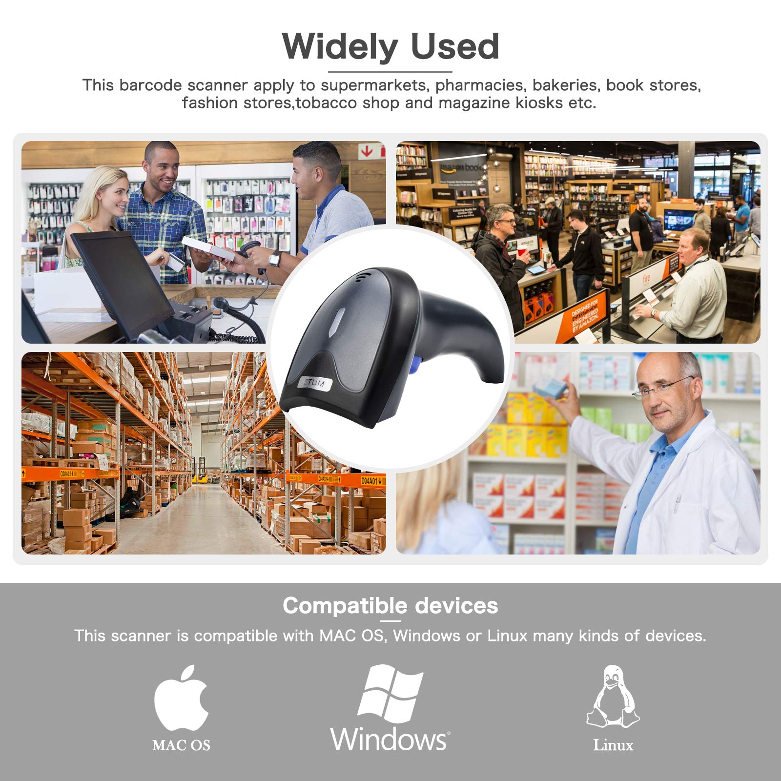 LENVII Handheld 2D QR barcodescanner, bekabelde 1D-CCD-barcodelezer, ondersteunt het scannen van UPC, PDF417, QR, data matrix bar codelezer voor pc, Mac, laptop