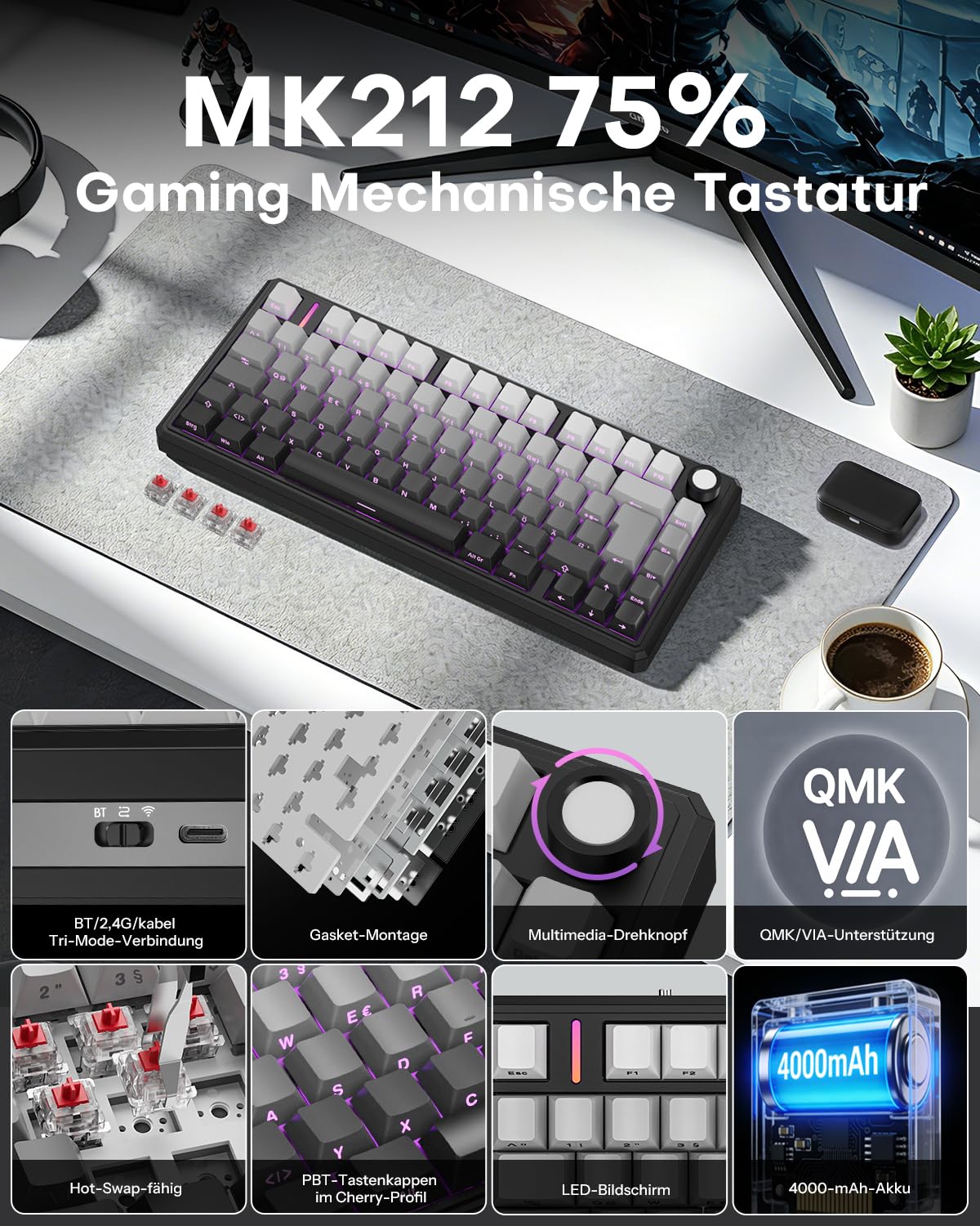 OMOTON 75% Mechanische Gaming Tastatur Kabellos, ISO QWERTZ, BT/USB-C/2,4GHz, Hot-Swap, QMK VIA Custom, 4000mAh Akku, RGB & Fünfschichtige Polsterung Struktur, MK212 Keyboard für Büro & Gaming