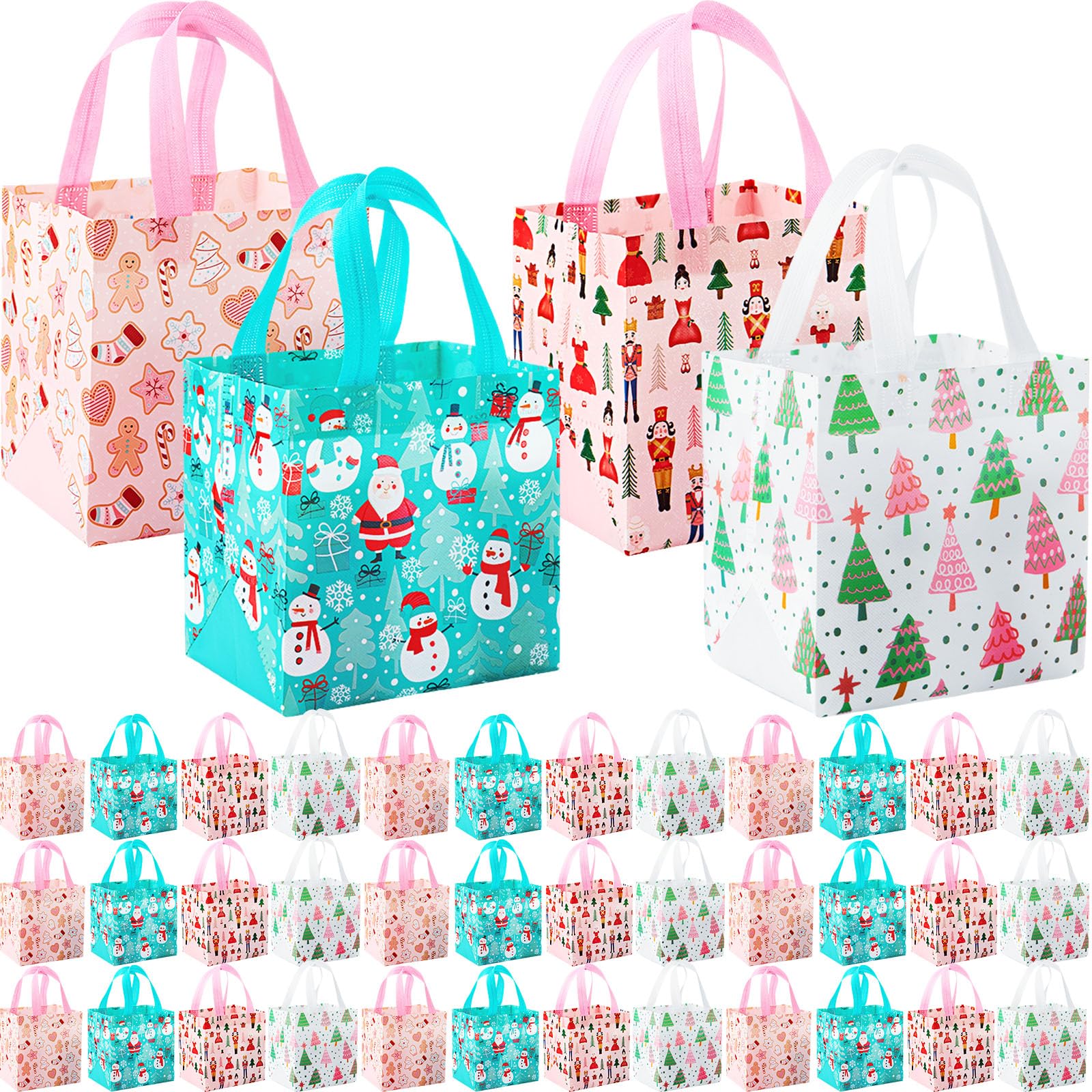 Hillban 36 Pcs Christmas Party Gift Bags Snowmen Gingerbread Men Santa Treat Non Woven Party Bags with Handles for Christmas Supplies