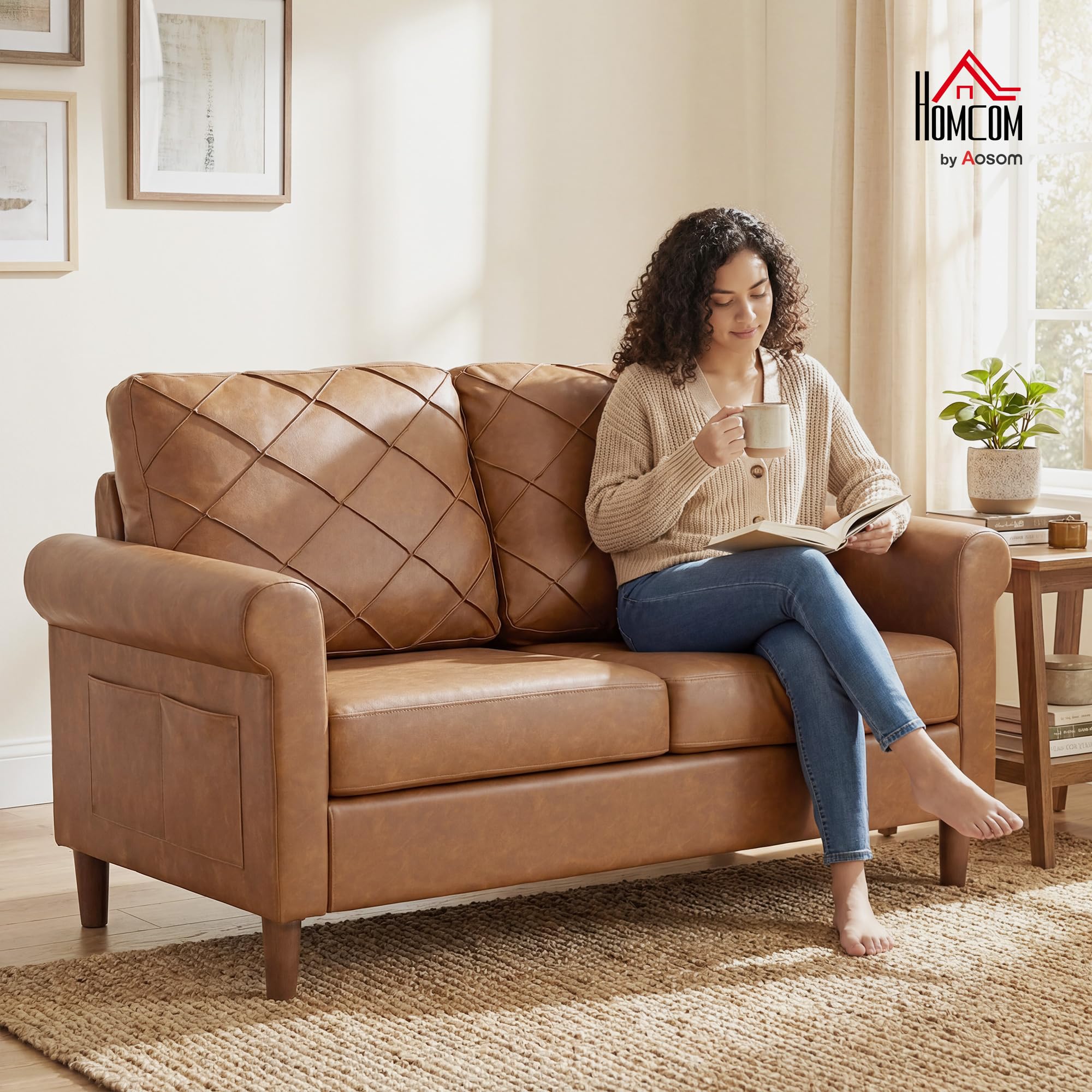 HOMCOM Sofá de 2 Plazas Sofá Moderno Tapizado en PU 134x71x82 cm Marrón | Cojín Grueso, Respaldo con Costuras, Asiento Amplio, Patas de Madera Maciza, Salón, Dormitorio, Oficina