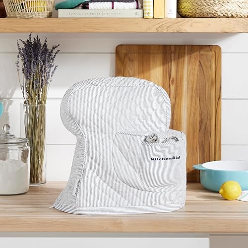 Miniatura 9 de KitchenAid Funda para batidora con soporte de rayas inclinables y bolsillo de almacenamiento, acolchada 100% algodón, 14.4 x 18 x 10 pulgadas, gris