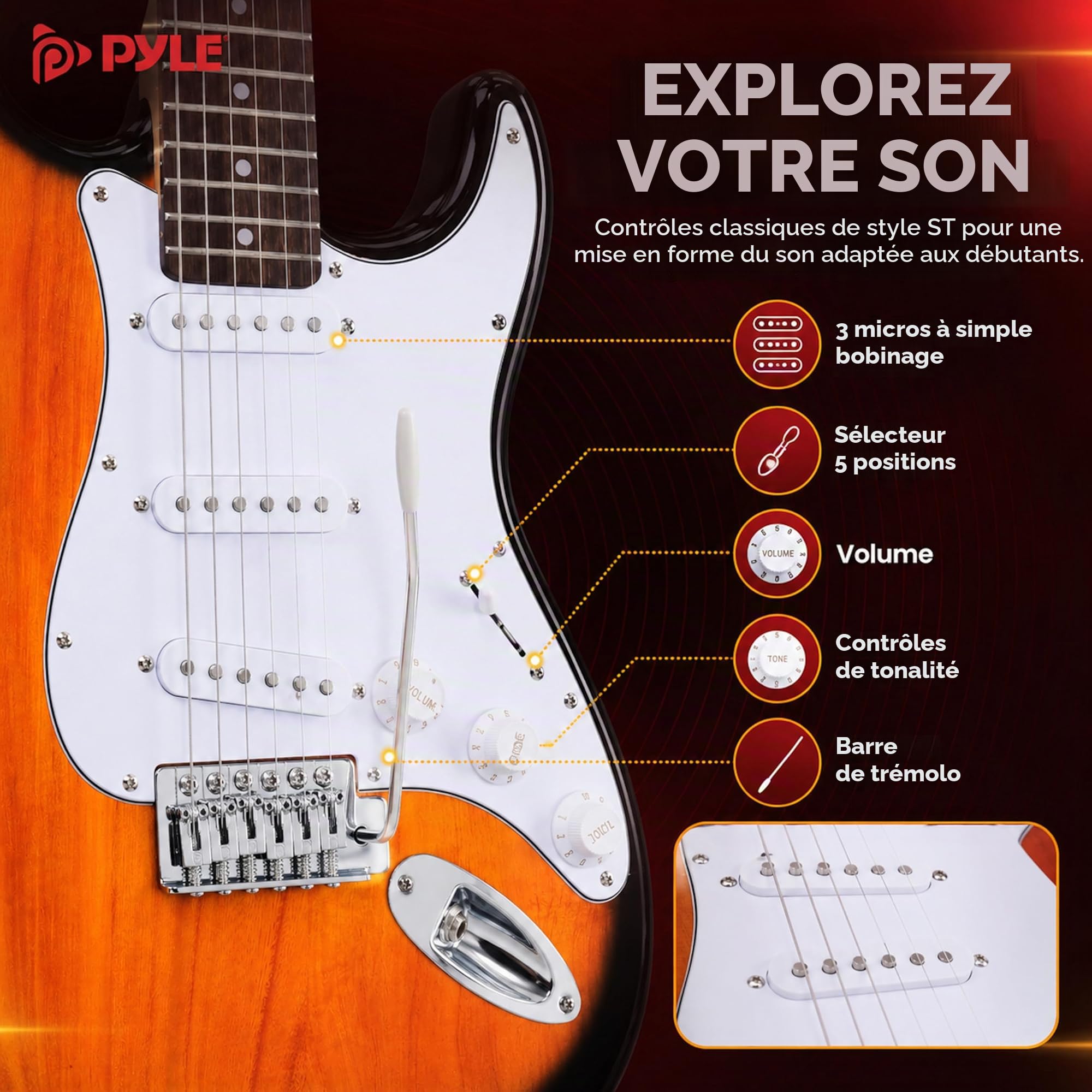 Pyle Guitare Électrique Taille Complète avec Ampli 5W – Pack Débutant Style ST, 22 Frettes, Corps en Bois, Étui, Sangle, Médiators et Cordes de Rechange - Sun Burst