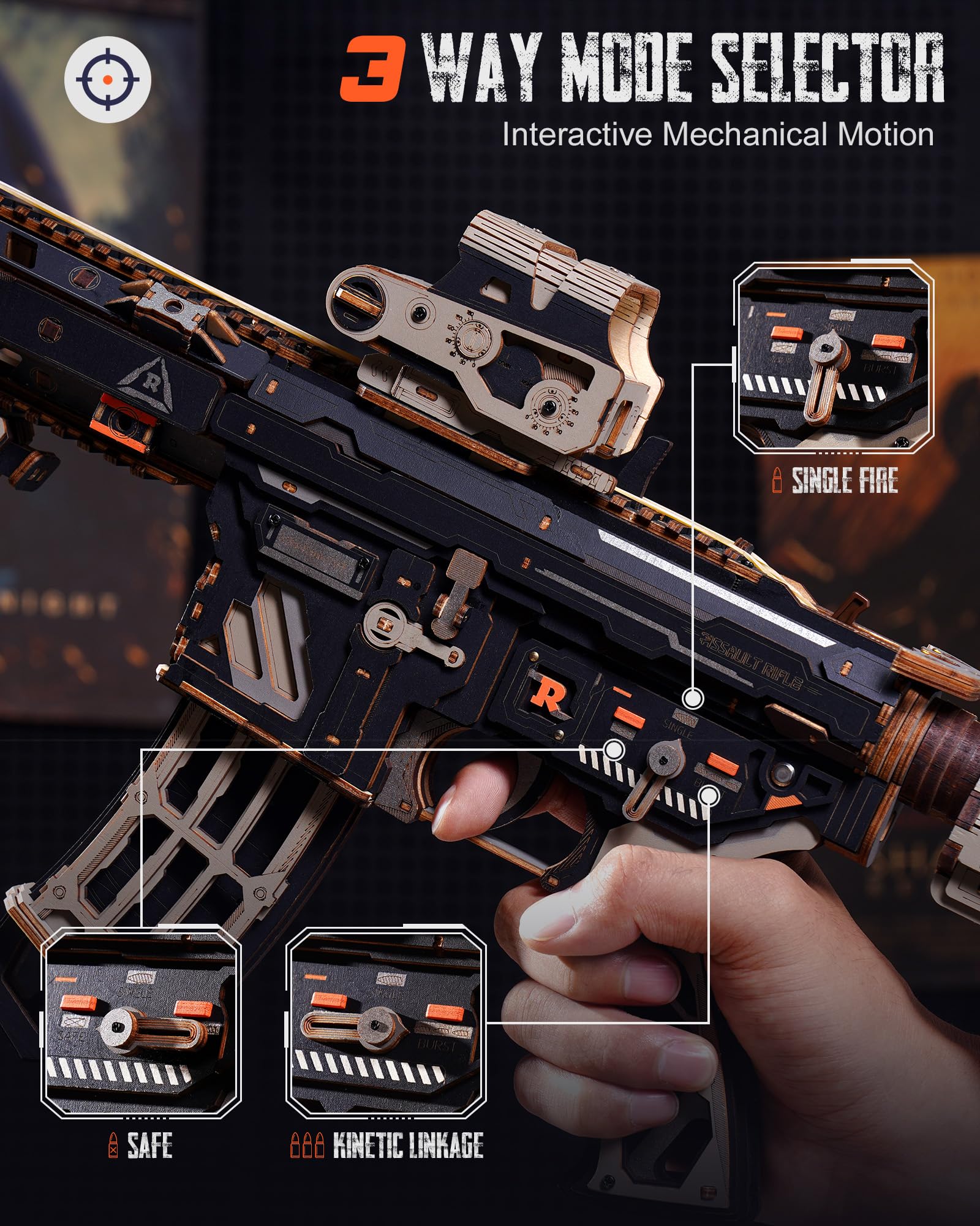 ROBOTIME Drewniane puzzle 3D M416 Model mechaniczny - Sci-Fi Tactical Engineering Kit dla dorosłych, zaawansowany model DIY, wciągająca dekoracja, LQB02 (piasek)