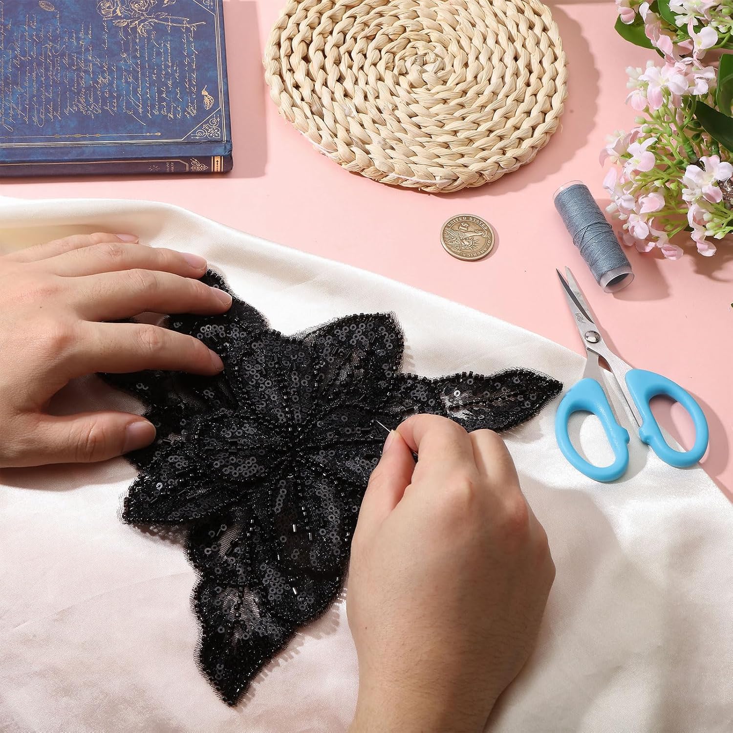 2 Pcs Flower Embroidered Appliques Patches Rhinestones Lace Patches Sew on Beaded Bodice Accessory for Dresses DIY Decorative Clothes, Black, 185x230 mm