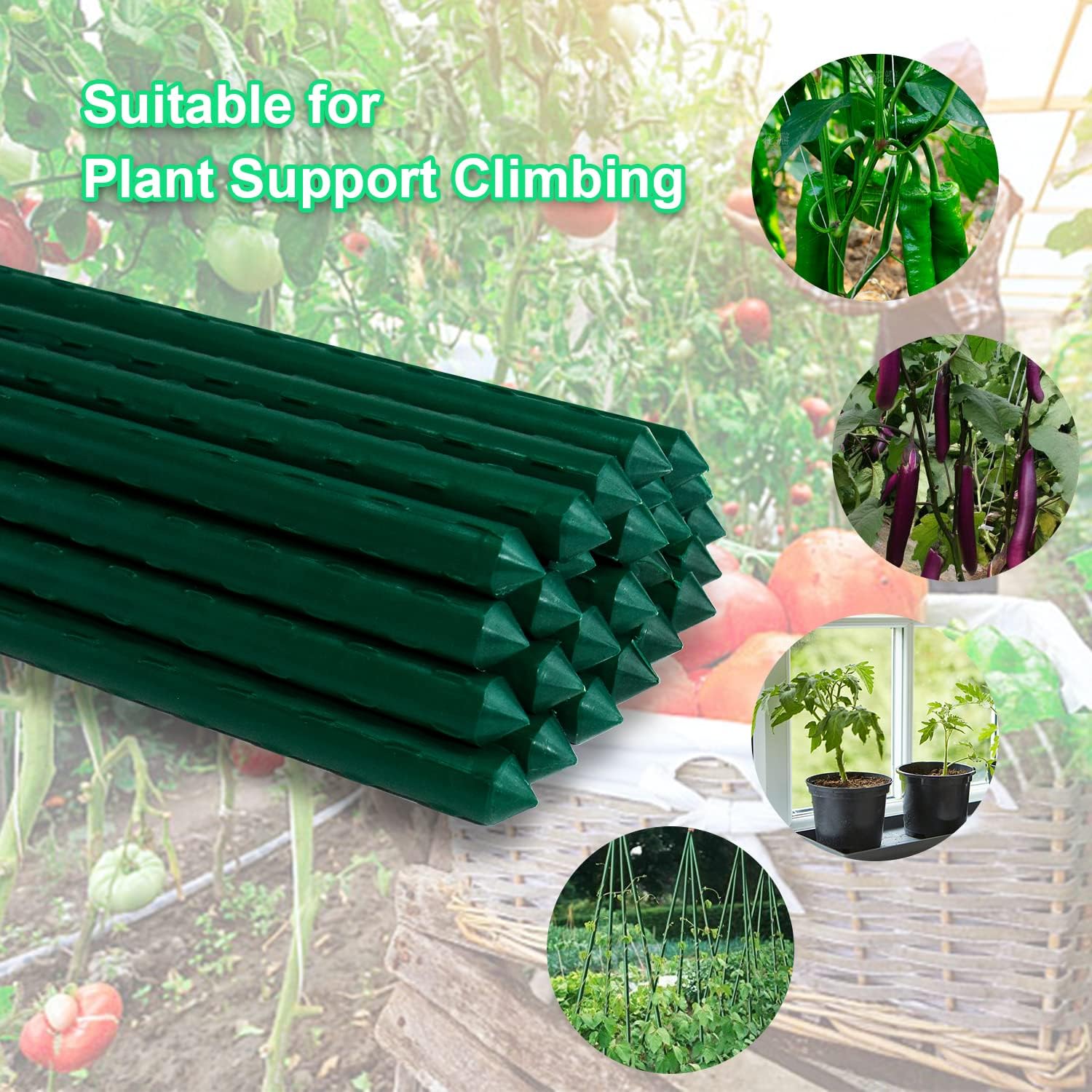 25pcs Steel Plant Stakes 4.8 Feet,Sturdy Plant Sticks, Plastic Coated Metal Garden Stakes Supports Climbing for Tomato, Bean, Flowers, Tree Potted