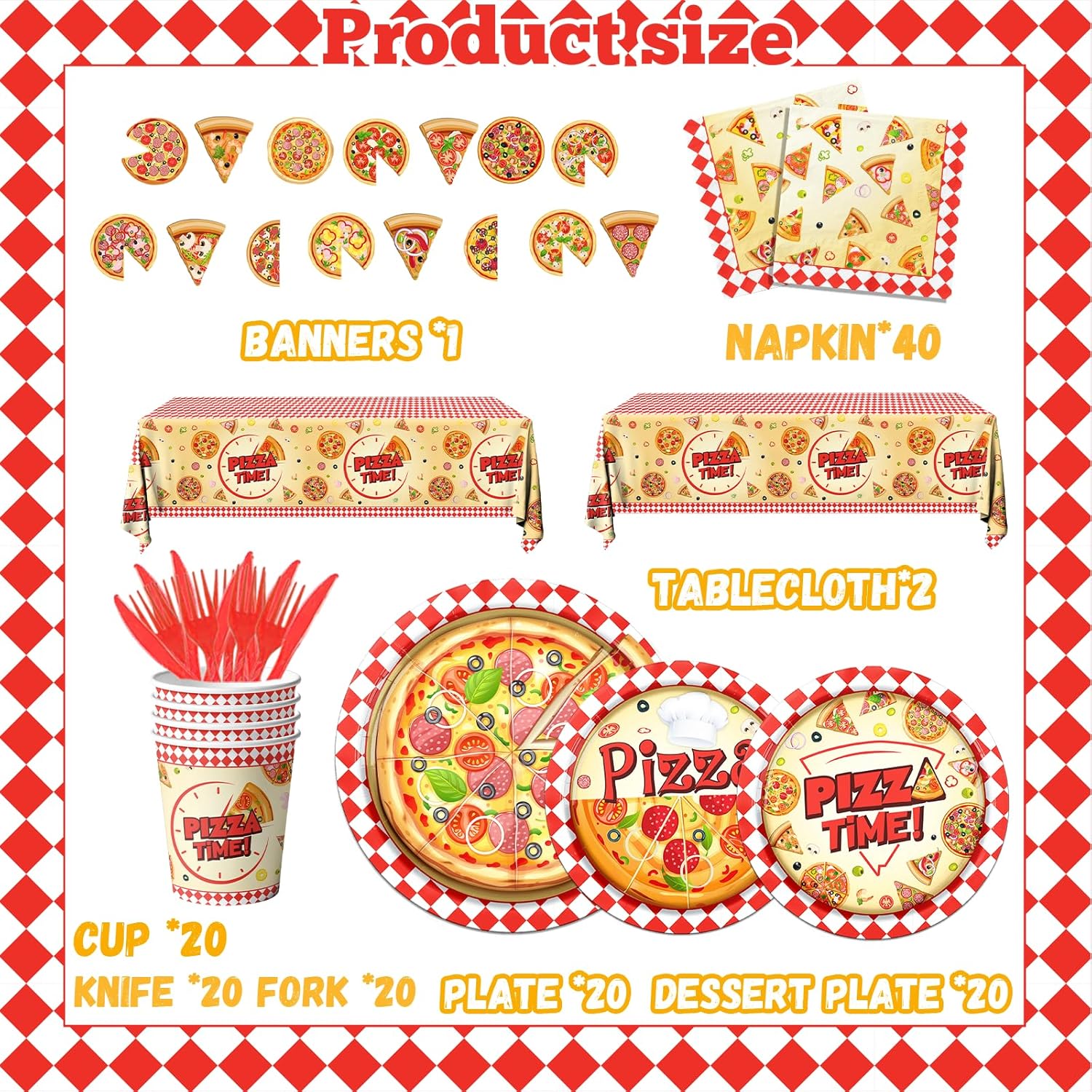 143Pcs Pizza Party Supplies Tableware Set Pizza Birthday Party Decorations Paper Plates and Napkins Cups Tablecloth Banner Cutlery for Kids Birthday Baby Shower Picnics