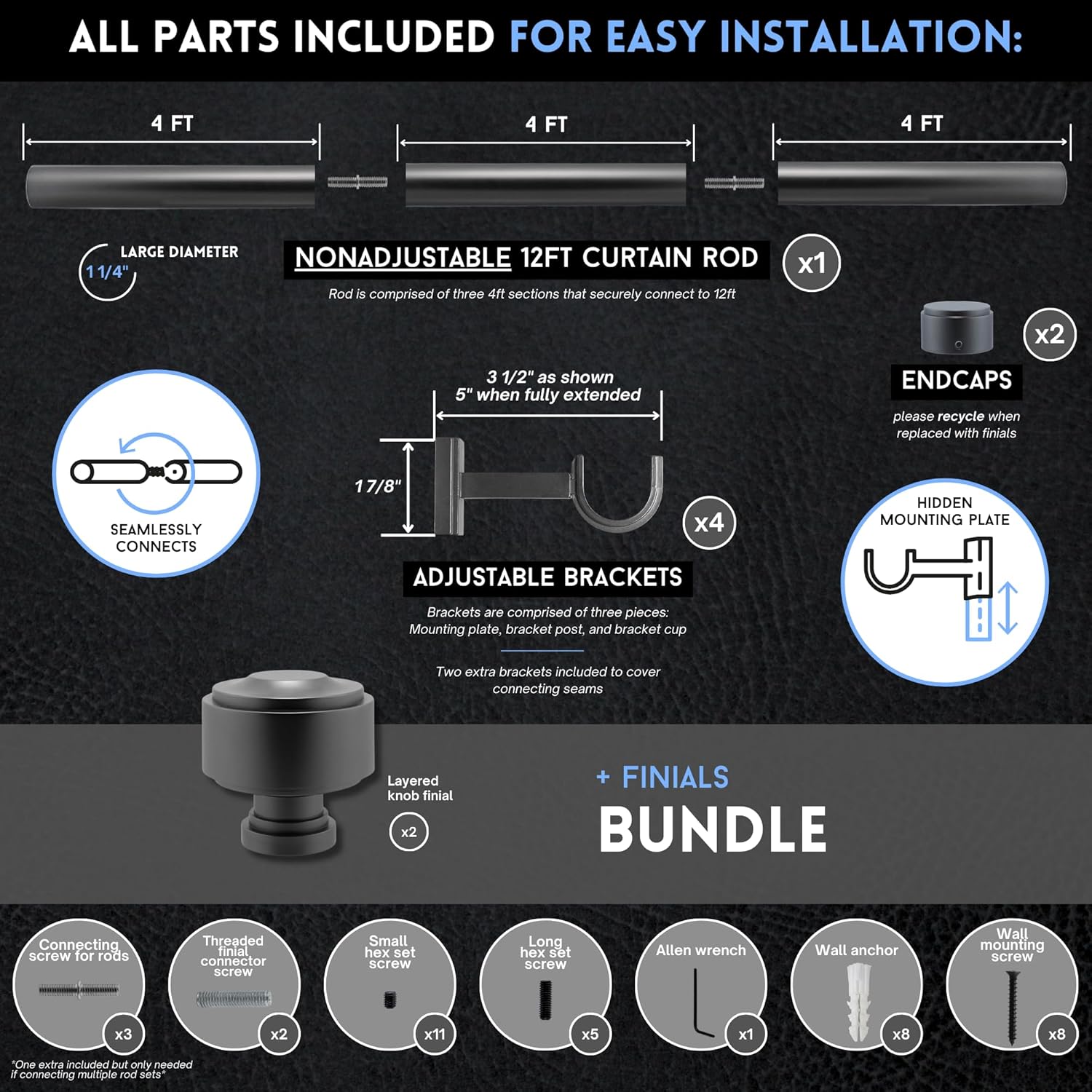 12 foot Custom Curtain Rod & Layered Knob Finials Bundle – Luxury Nonadjustable 1 ¼” Large Diameter with Designer Finials & Premium Quality Mounting Brackets – Matte Graphite Finish