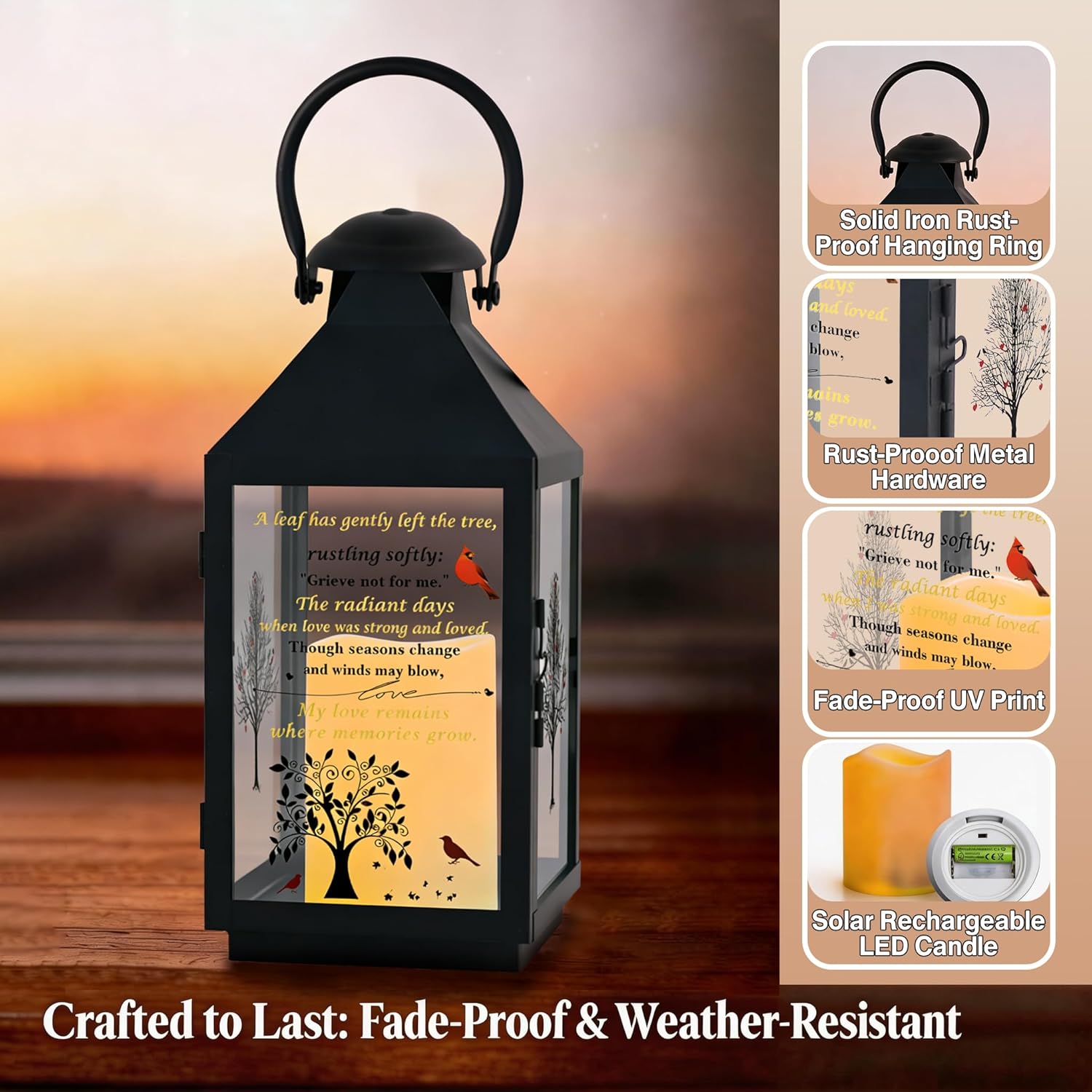 Cardinal & Tree Memorial Lantern – （Black） Pure Iron Bereavement Gift, Solar Candle Lantern for Funeral, Celebration of Life or Home