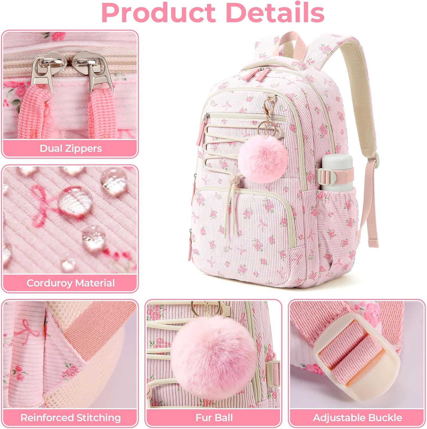 WOBAGMEN Corduroy Backpack for Women,Cute Aesthetic Backpack with Multi-Pocket, Lightweight Bookbag Fits 15.6" Laptop, Large Capacity Casual Daypacks for travel (Pink Bow Floral, M)