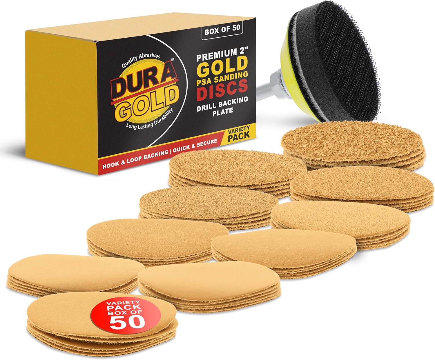 Dura-Gold Premium 2" Gold Hook & Loop Sanding Discs Variety Pack Box - 40, 60, 80, 120, 220, 320, 400, 600, 800, 1000 Grit (5 Sheets Each, 50 Total) & Drill Backing Plate, Automotive, Woodworking