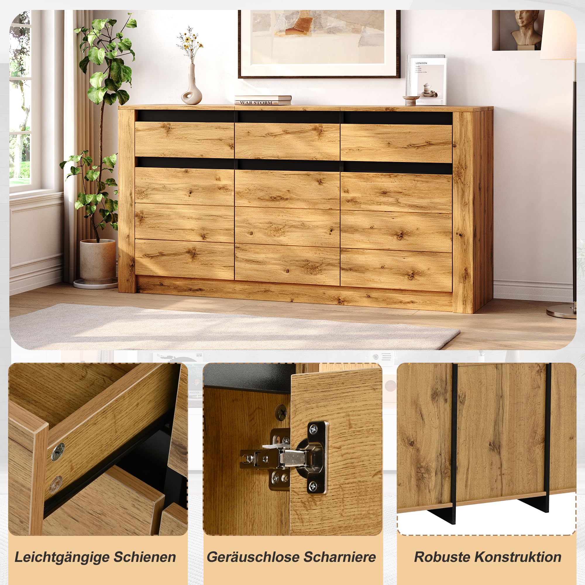 Kredens 135 x 35 x 70 cm, duża przestrzeń do przechowywania z 3 szufladami, 3 drzwi, komoda do salonu, jadalni, sypialni, korytarza, szafka bufetowa, płyta wiórowa, szafka pomocnicza, kolor drewna
