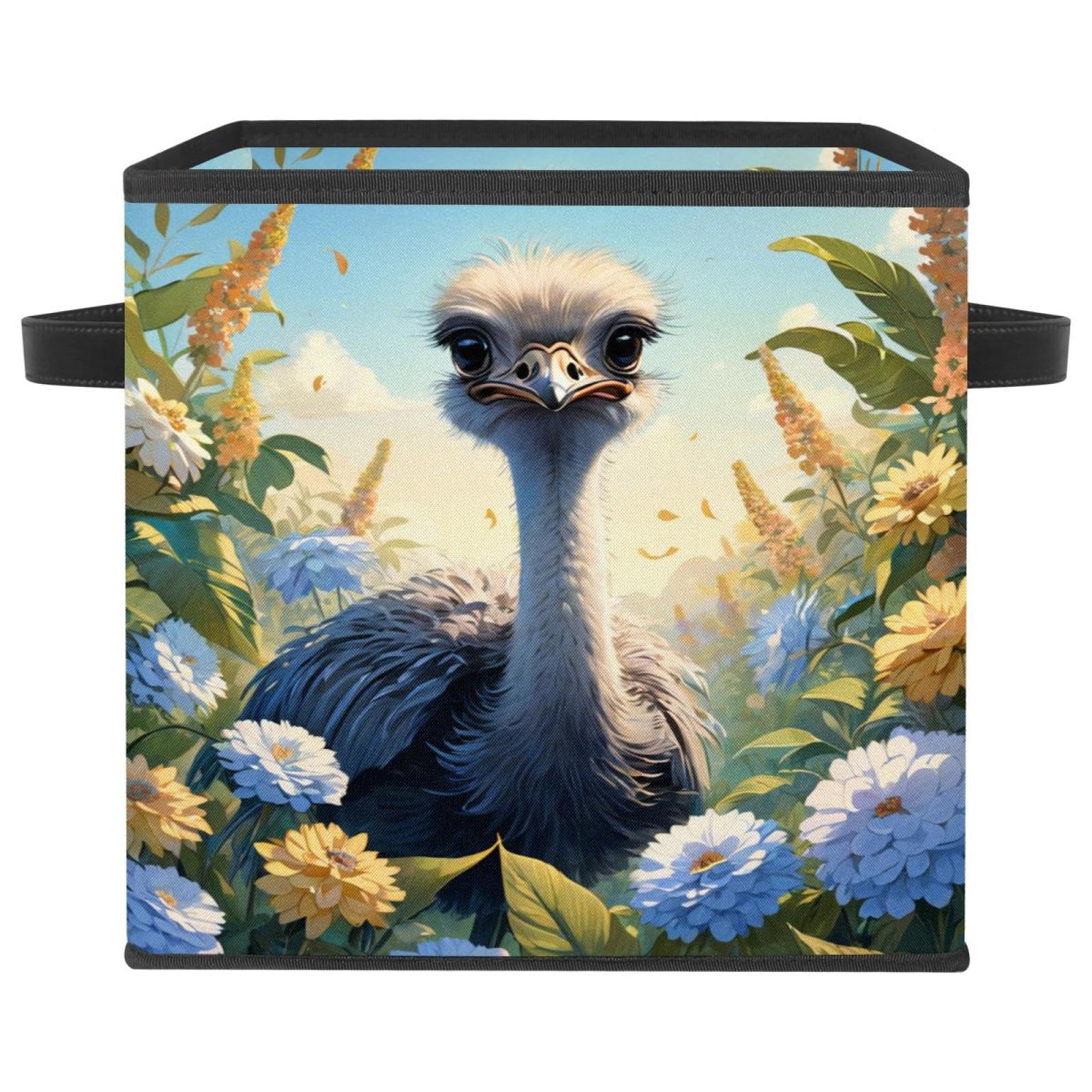 Grand bac de rangement cubique pour vêtements et jouets motif autruche fleur