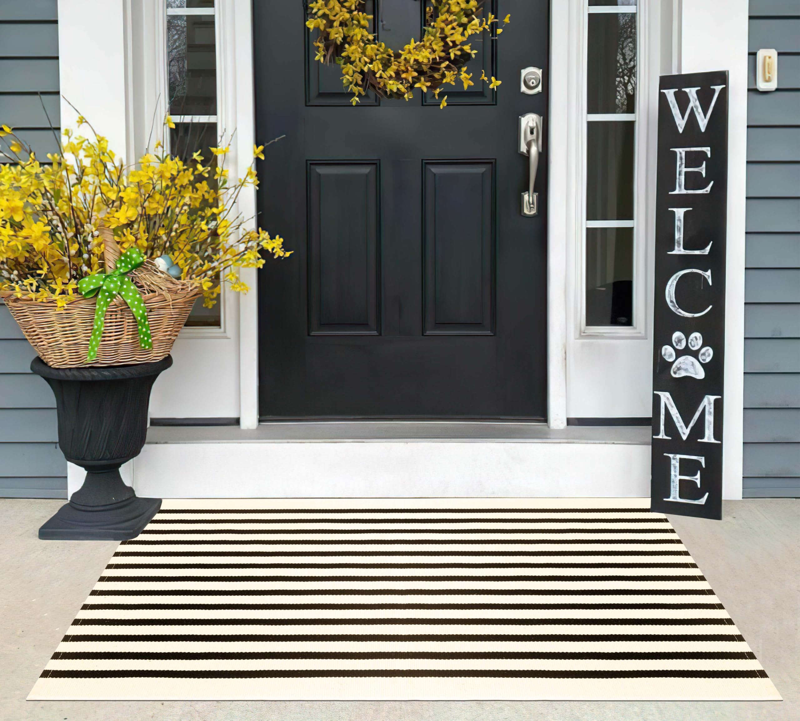 Felpudo a Rayas Negras y Beige de 70 x 100 cm, Lavable, para Interiores y