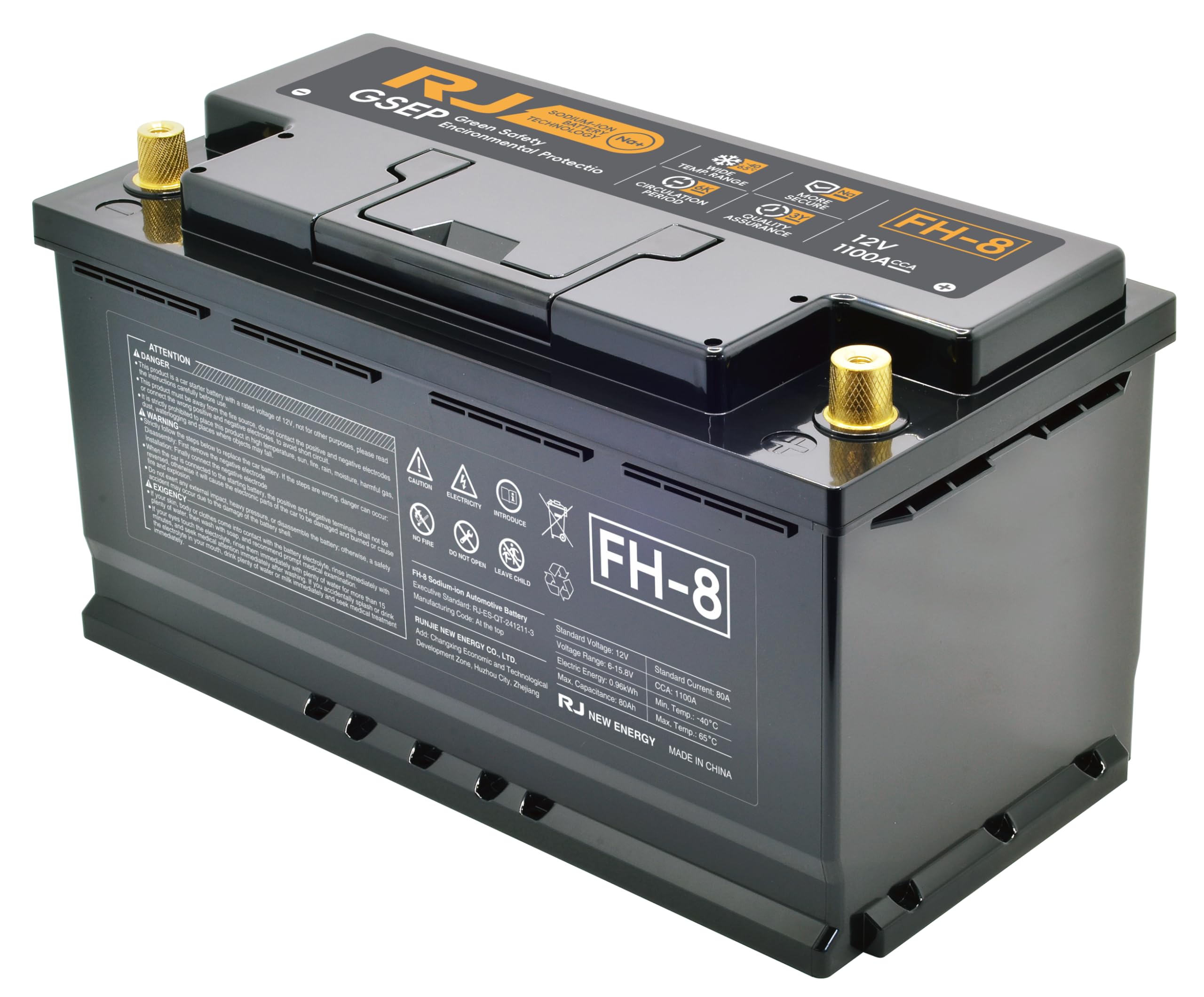 Automotive sodium ion battery,12V Car Battery, G-SEP Technology, Heavy Duty Automotive Power Cell, Black, Gold-Plated Terminals (FH8)