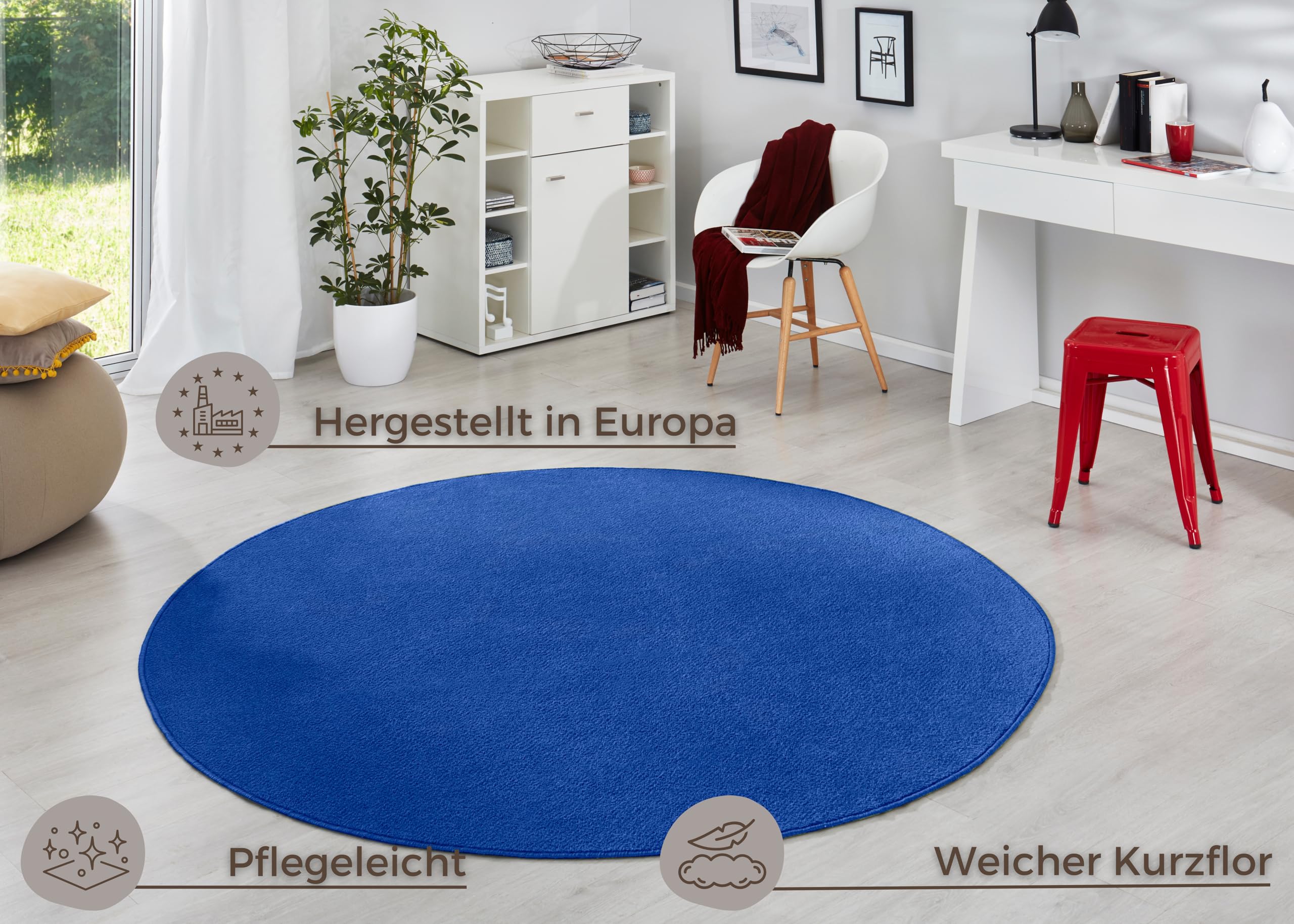 HANSE Home Tapis Fancy Rond - Tapis de Salon uni Moderne en Velours pour Salle à Manger, Salon, Chambre d'enfant, Couloir, Chambre à Coucher, Cuisine - Bleu, Ø 133 cm