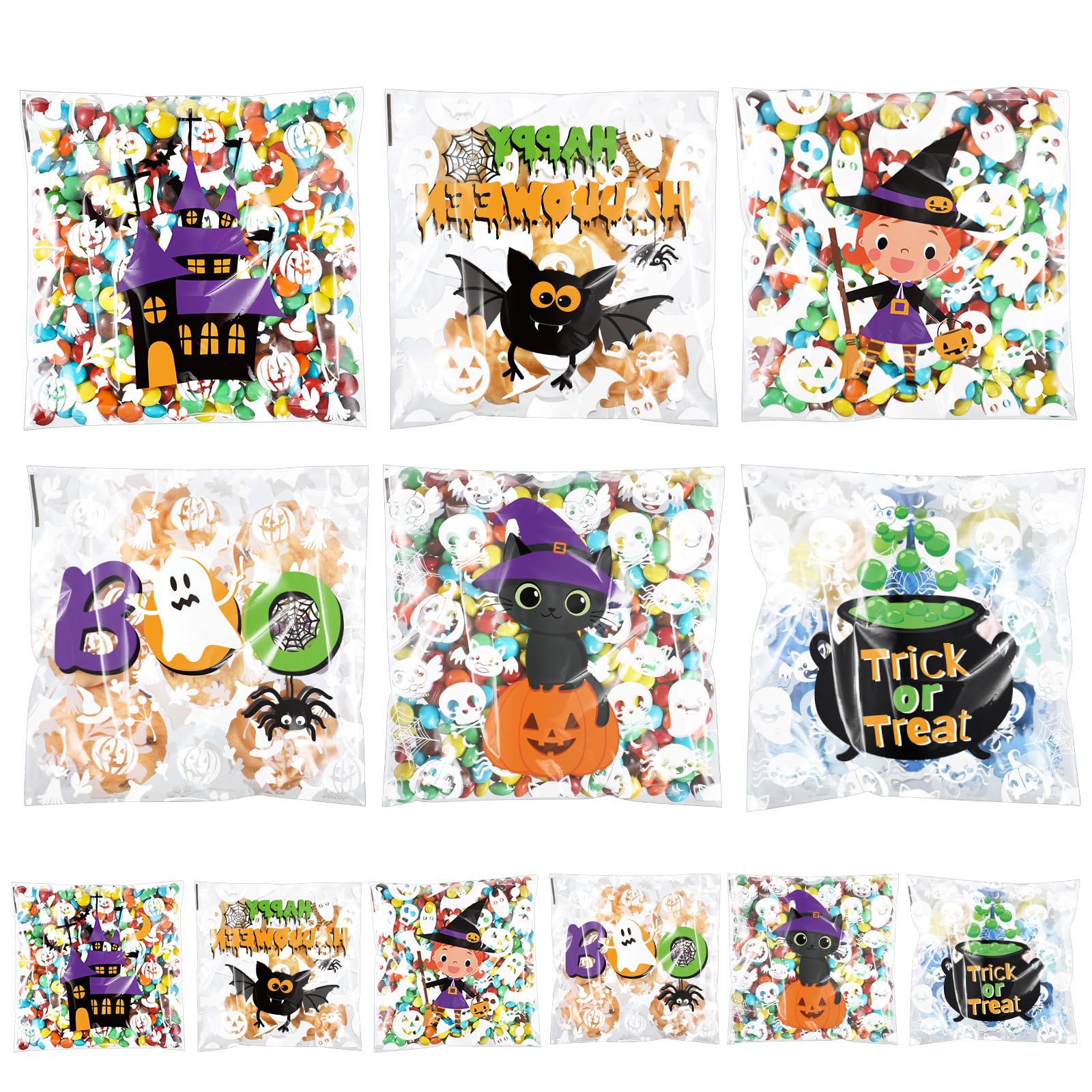 Cholemy 300 Pieces Halloween Treat Bags Self Adhesive Trick or Treat Candy Bags Bulk Witch Bat Clear Plastic Cellophane Bags for Happy Halloween Party Favors Cookies Goodies Wrapping