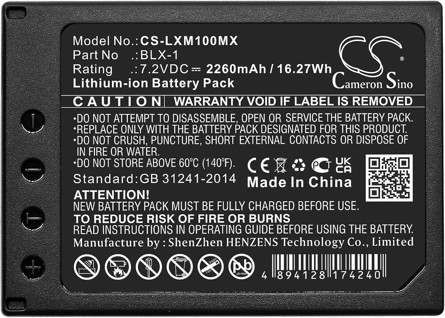Cameron Sino Battery for Olympus OM System OM-1, OM-1 Mirrorless PN:Olympus BLX-1 2260mAh / 16.27Wh