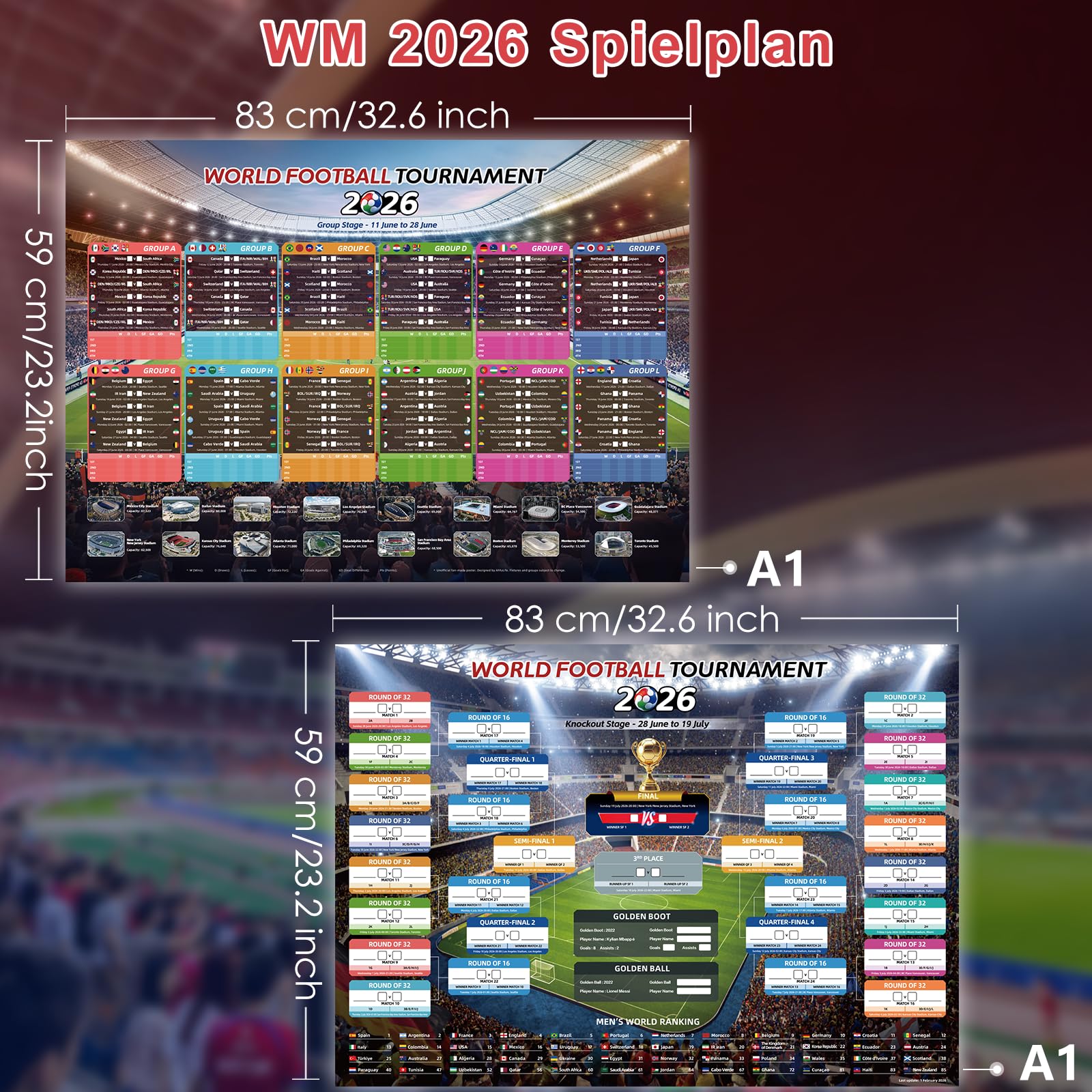 AhfuLife Fußball Spielplan 2026 Poster für Deko WM Fußball Party - Wiederverwendbar Fussball Planer - Enthält 48 Mannschaften Gruppen Knockout und Finale alle Ergebnisse der Spiele (A1 - Gefaltet) - 2