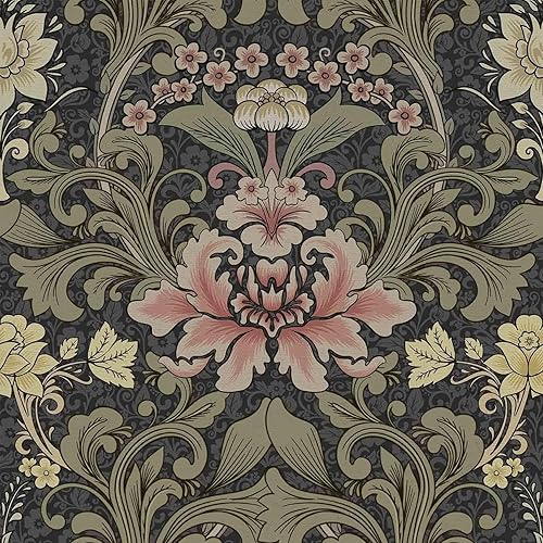 Abyssaly Papel tapiz floral vintage para despegar y pegar, William Morris para murales de pared y gabinetes, papel tapiz floral extraíble, color