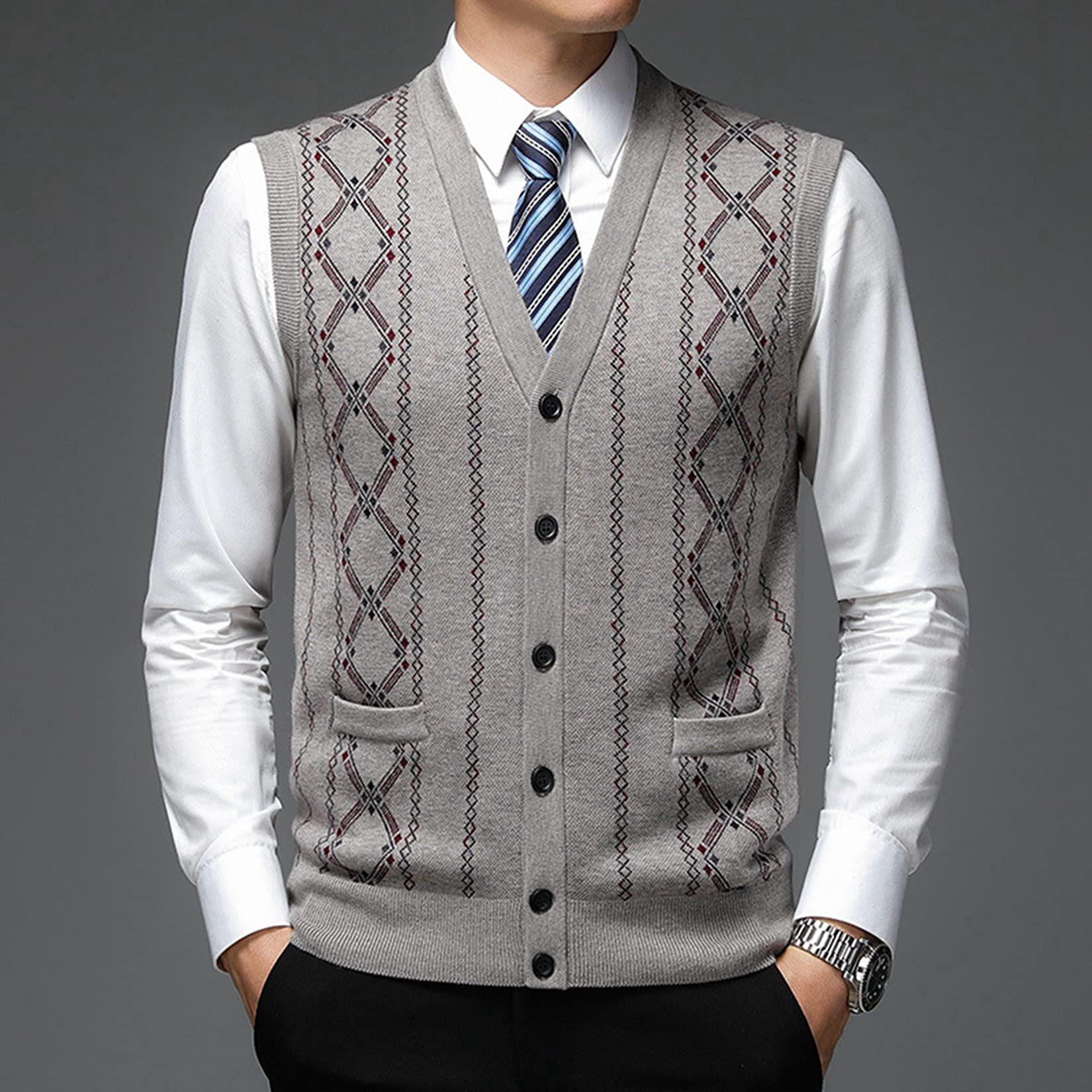 Dawwoti Hommes Tricoté sans Manches Pulls De Laine Mélange d'affaires Plaid Chandail Cardigan Gilets Col V