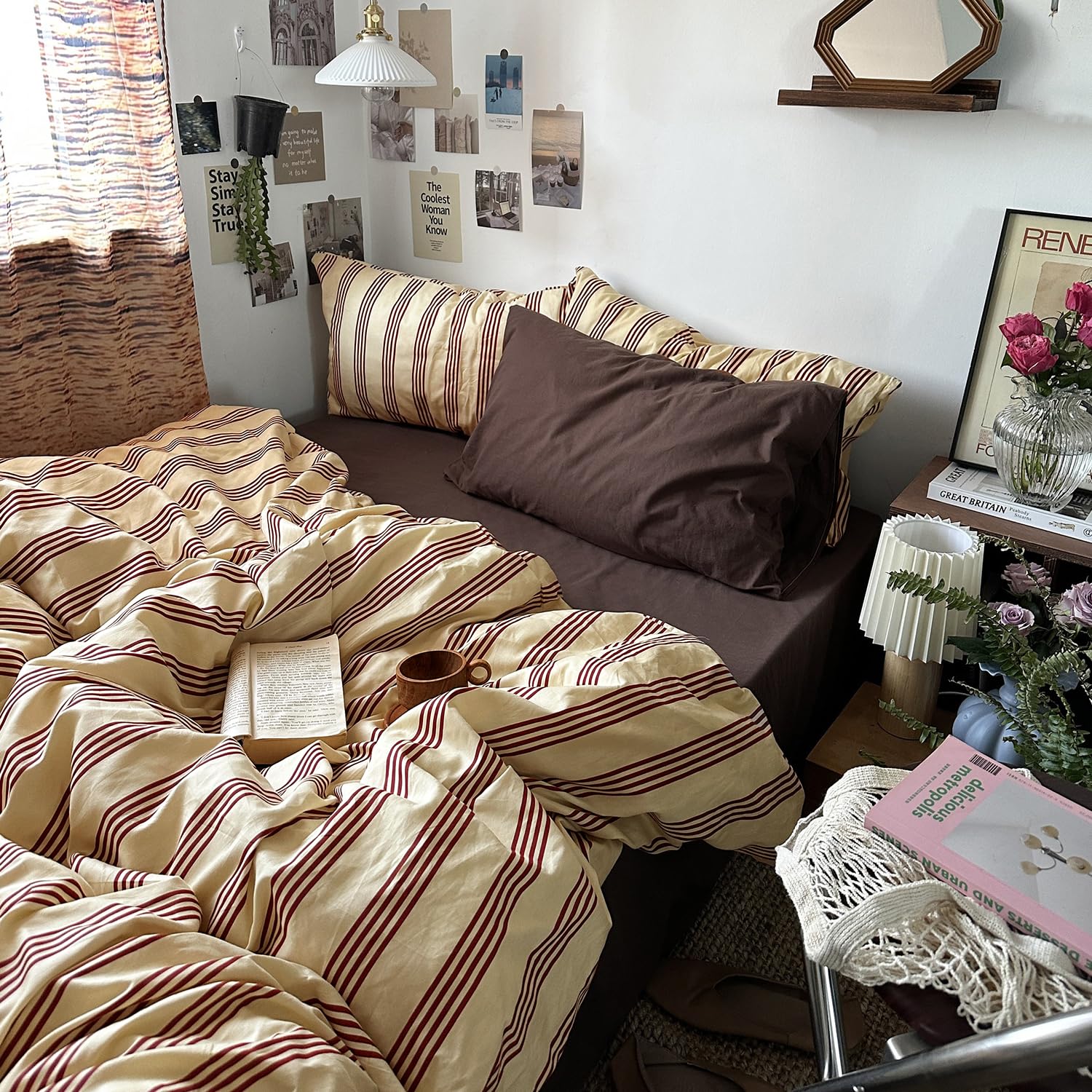 MKXI Cal King Reddish-Brown &amp; Yellow Striped Duvet Cover Set - 3 Piece Vintage Aesthetic Bedding Set, Cotton, Minimalist Design, Soft &amp; Breathable Duvet Cover with Zipper Ties