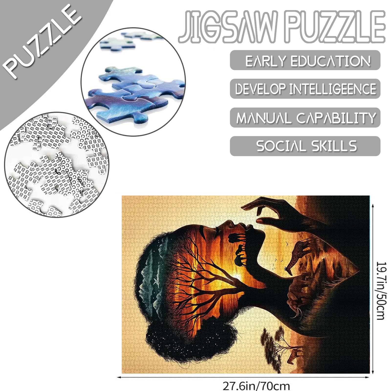 Black Girl Jigsaw Puzzles 1000 Pieces for Adults Families (Africa Woman,Elephant,Giraffe,Tree of Life) Pieces Fit Together Perfectly 19.7''x27.6''inch Landscape Performance Frameable Magic Puzzle Ar - Image 2