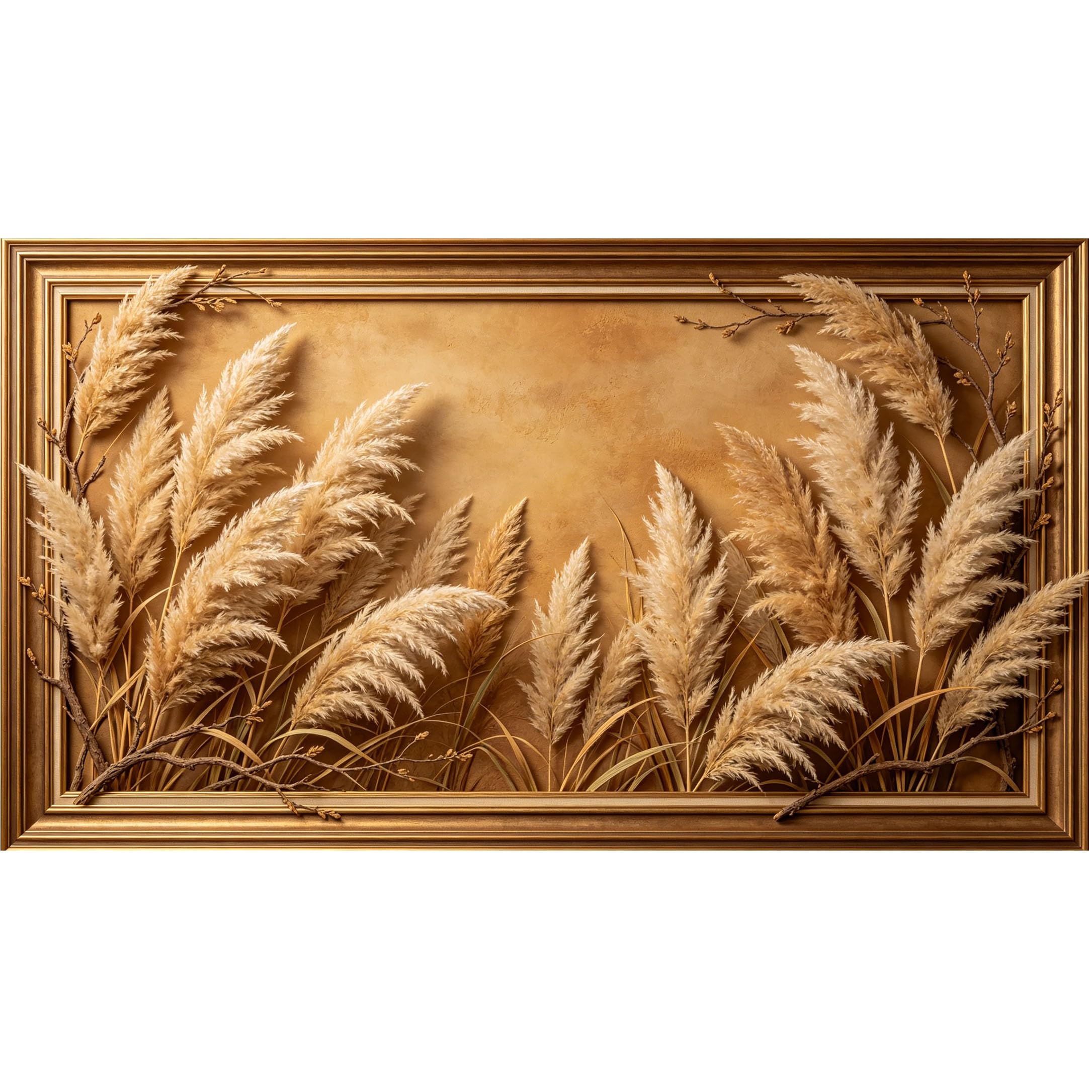QZLITHOTIC 50×100cm 3D Framed Wall Art， Golden Pampas Grass Botanical Self?Adhesive Mural， Water?Activated Peel & Stick Fabric Decor Wall Decal for Bedroom Living Room