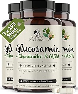 Glucosamin Chondroitin & MSM Kapseln hochdosiert I 3x 195 Kapseln I 4500 mg pro Tagesdosis I Nahrungsergänzungsmittel ohne Zusatzstoffe & laborgeprüft I 1 Monatsvorrat