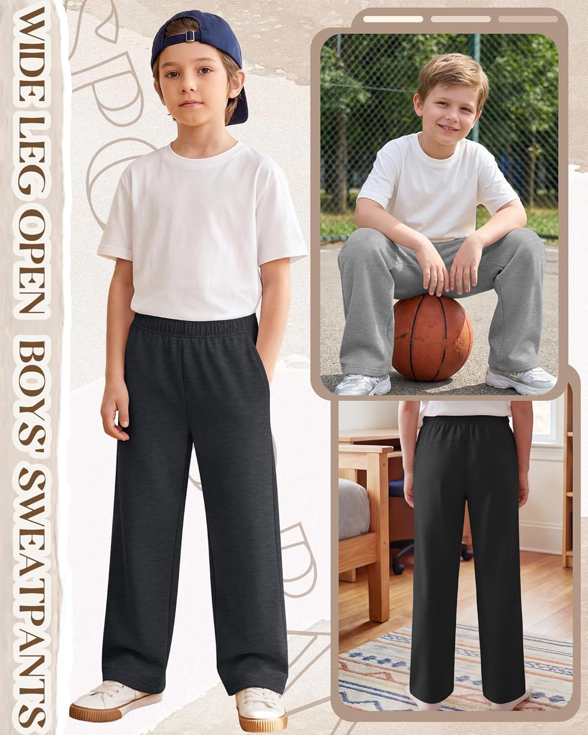 3 Pack Boys Baggy Sweatpants Wide Leg Open Bottom Drawstring Elastic Waist Athletic Joggers Pants with Pockets 6-16y
