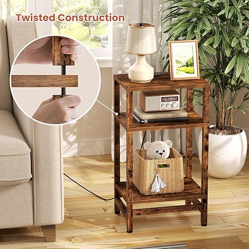 Miniatura 5 de Mesita de noche alta de 3 niveles con estación de carga rápida, mesitas de noche pequeñas para espacios pequeños, mesa auxiliar delgada con puerto