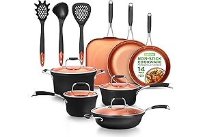 NutriChef 14-Piece Copper Non-Stick Cookware Set with Stackable Pots and Pans, 3-Layer Coating