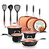 14-Piece Non-Stick Pots and Pans Set - Induction Ready Multi-Sized Cooking Pots with Lids, Small and Medium Frying Pans with Slotted Spatula, Pasta Server, Soup Ladle, Silicone Handles