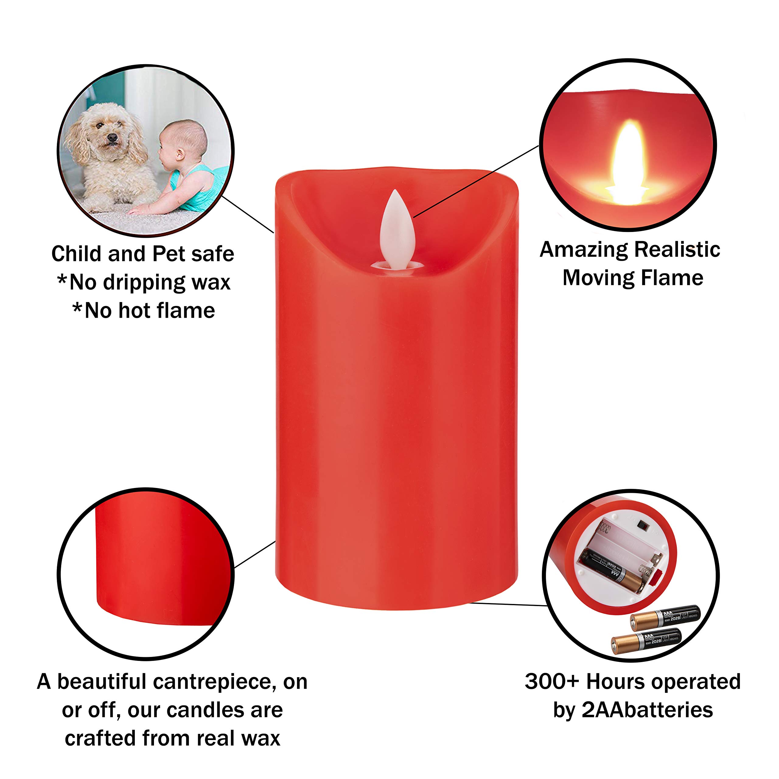 Novaliv Lot De 24 Bougies LED En Cire Véritable Rouge – Avec Fonction Minuterie 6 Heures – 23 Cm De Hauteur Pour Bougies De 2,2 Cm De Diamètre – 2 Piles AAA