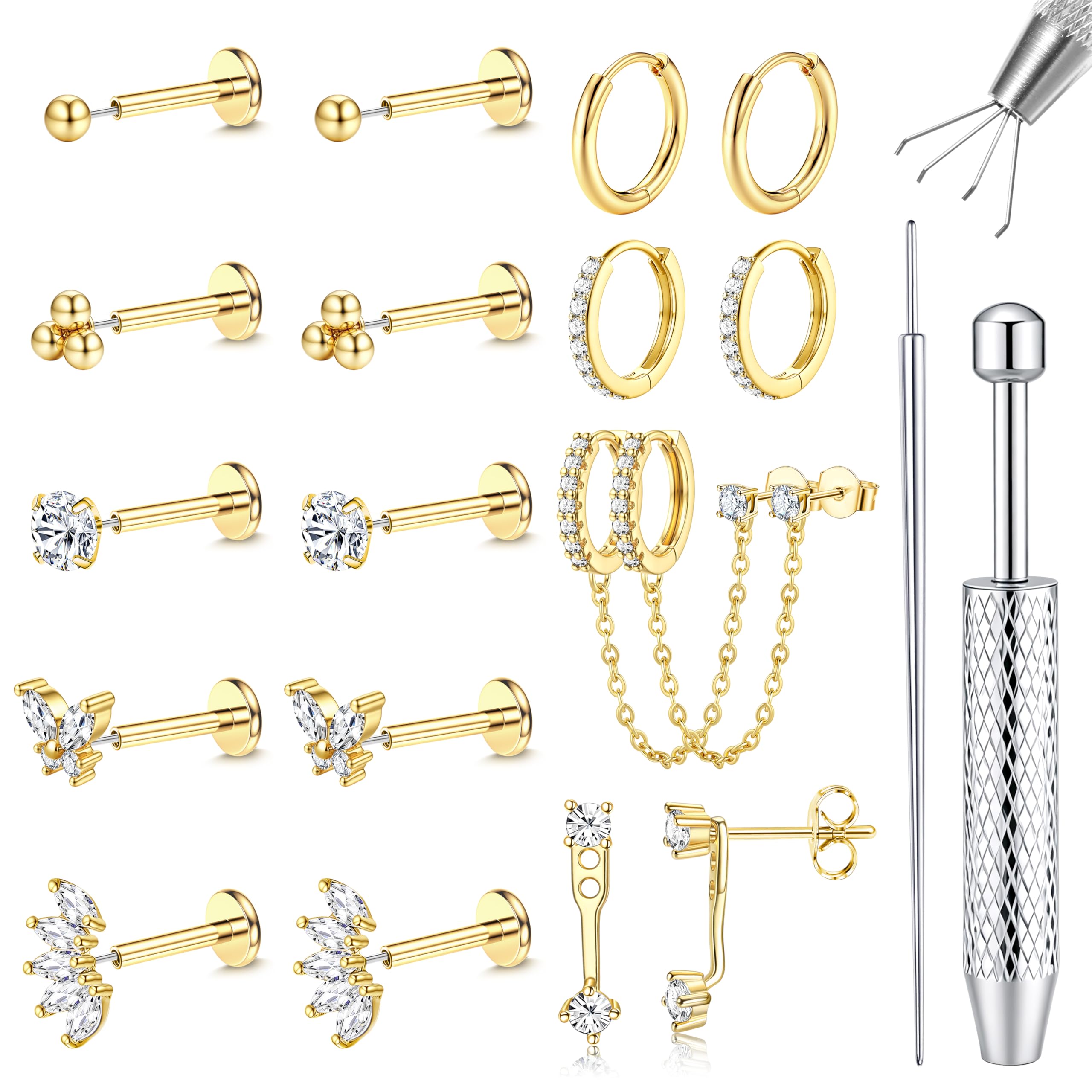 Pendientes de Tuerca con Parte Trasera Plana de 16G/18G/20G para Mujer, hipoalergénicos