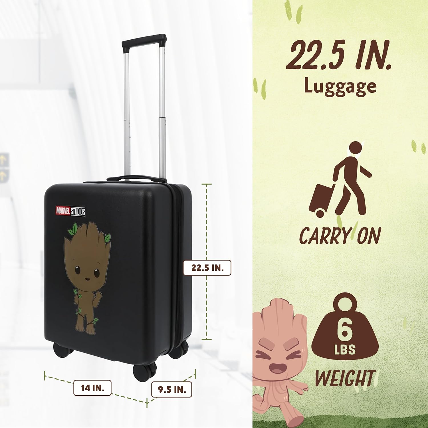 FUL Marvel Guardians of the Galaxy 22.5 Inch Carry On Luggage, Baby Groot Hardshell Rolling Suitcase with Spinner Wheels, Black