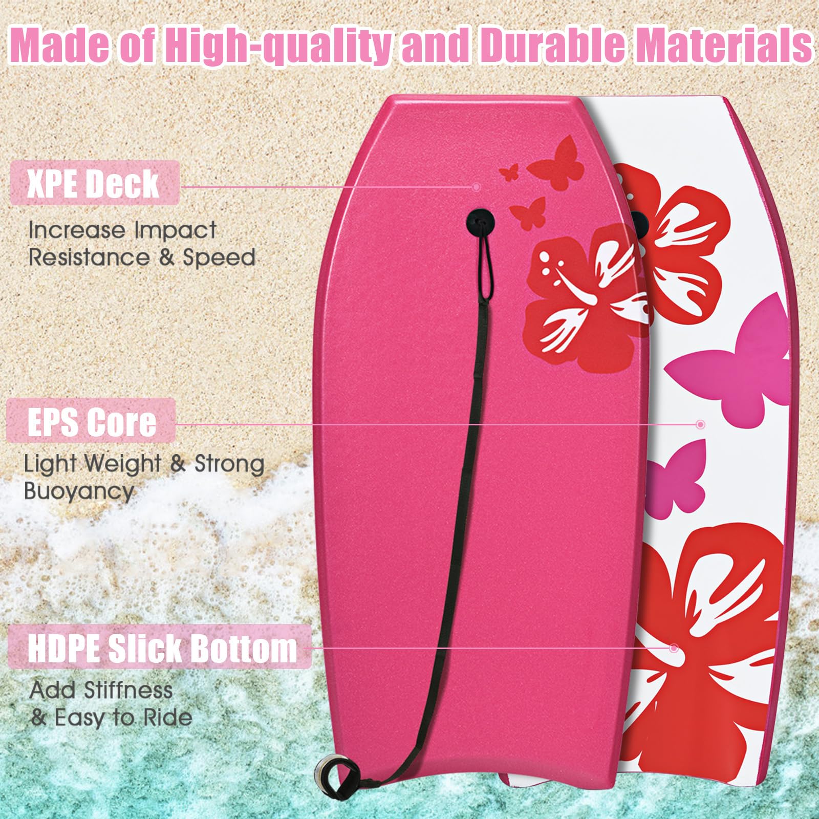 HOMASIS Tavoletta da nuoto con corda, bodyboard portatile, con motivo floreale, tavola da surf per adulti e bambini dai 14 anni in su, 105 x 51 cm, rosso rosa