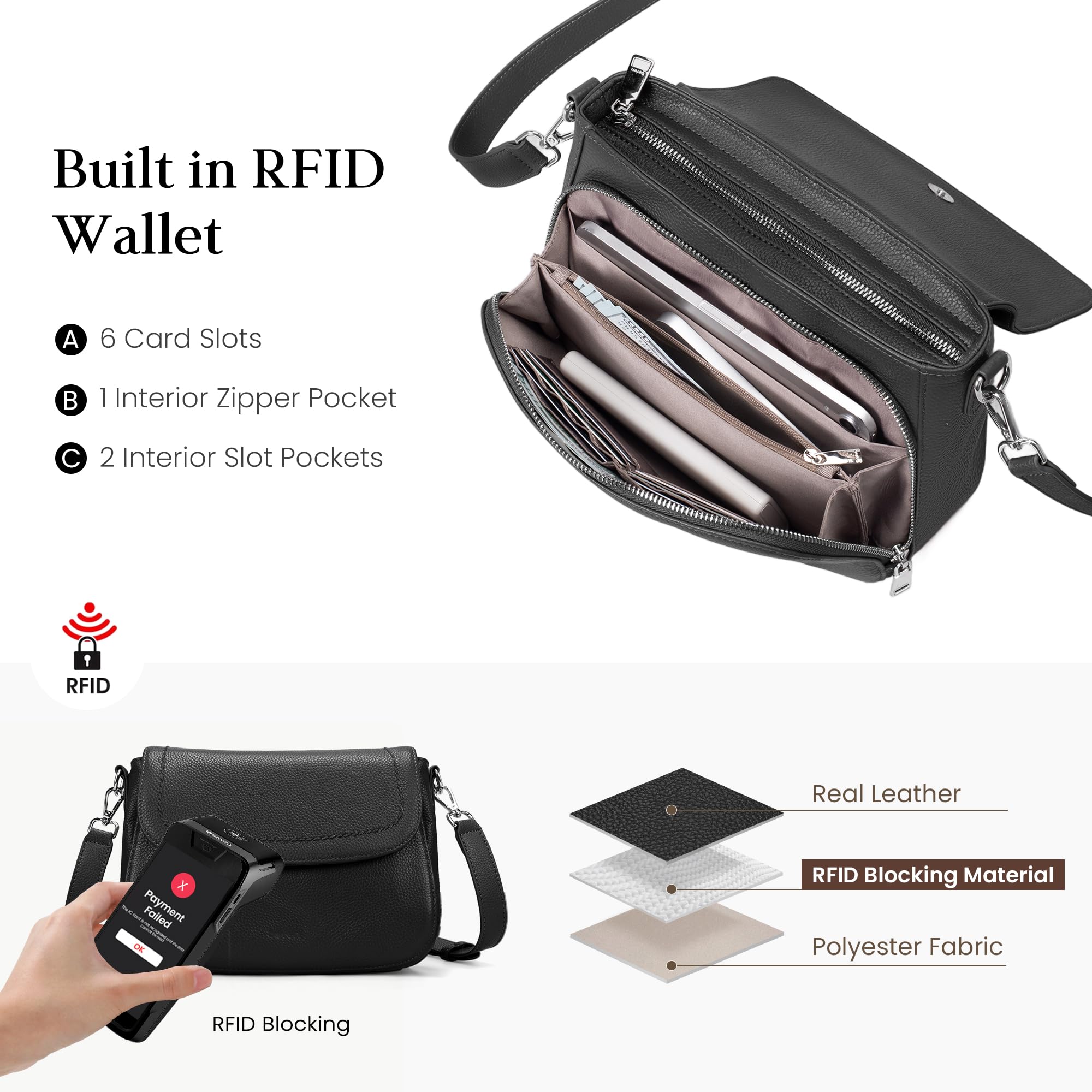 befen Torby crossbody z prawdziwej skóry dla kobiet z wbudowanym portfelem RFID, średnia damska torba podsiodłowa, torebka na ramię