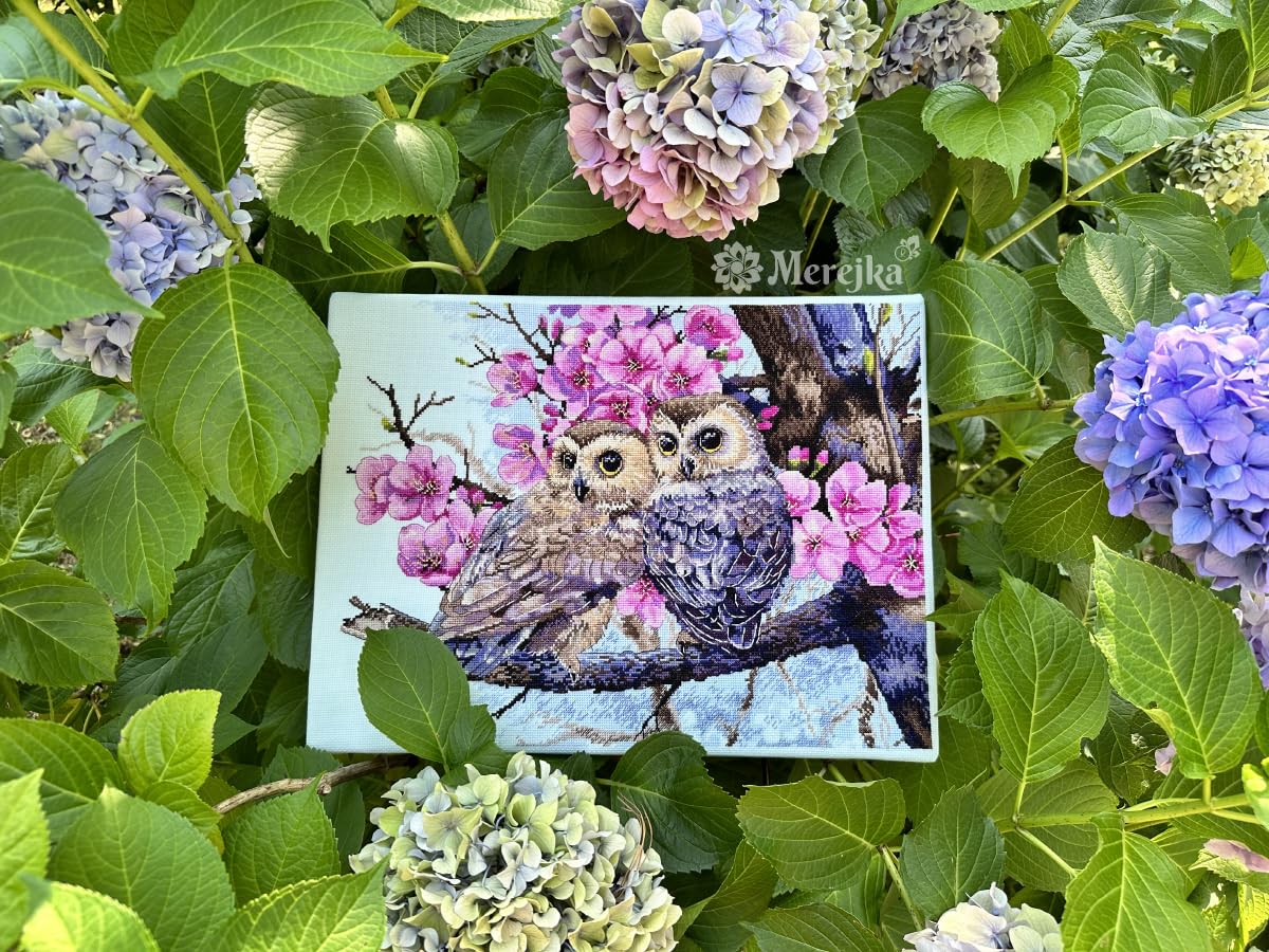 Merejka Kit Ricami Punto Croce da Ricamare, Motivo: Due Gufi in Fiore Primaverile