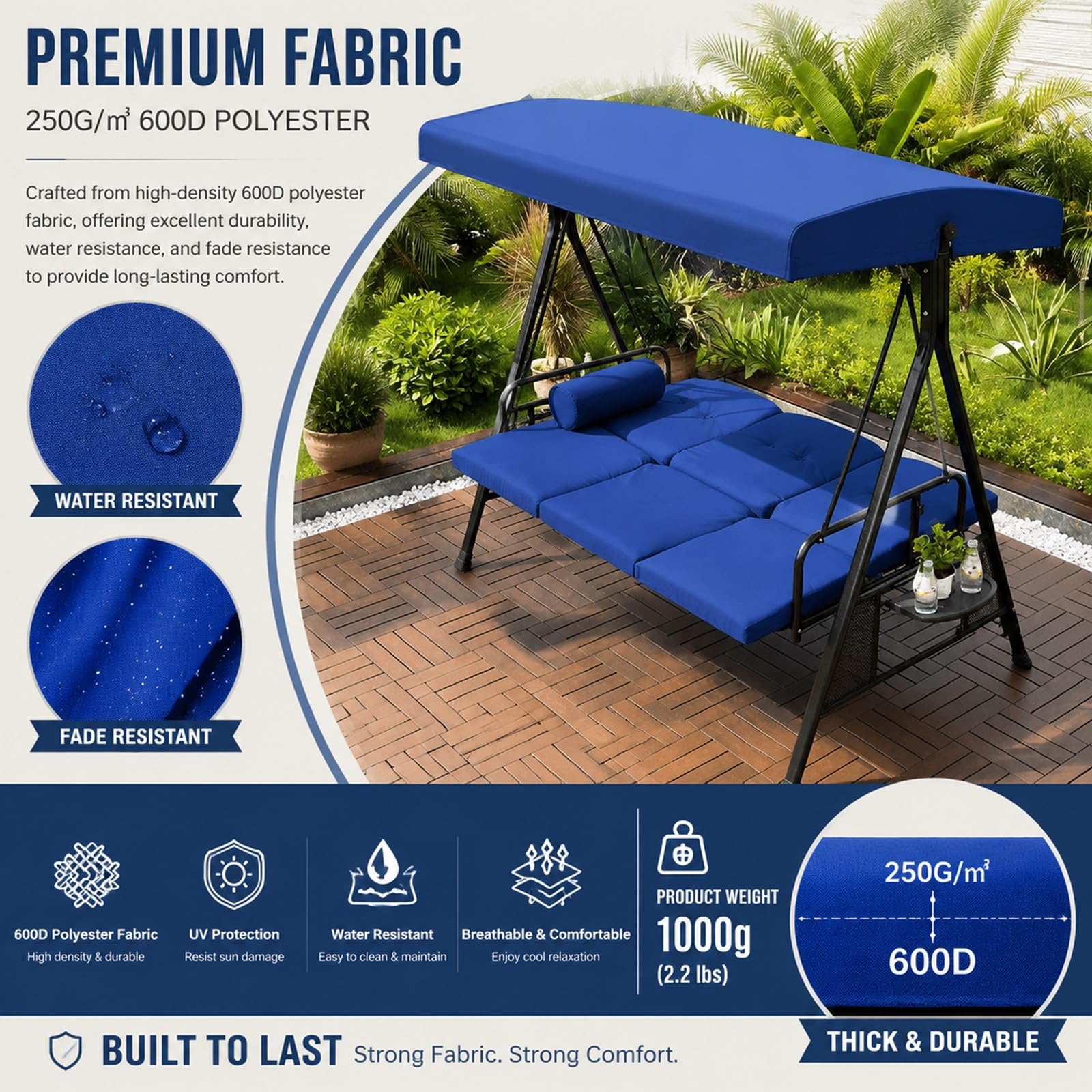 Copertura Dondolo 3 Posti Tettuccio Ricambio Impermeabile per Giardino | Tessuto poliestere 600D 250g/mq, resistente allo strappo, protezione sole pioggia, facile da pulire(Khaki,198*125*21*16cm)